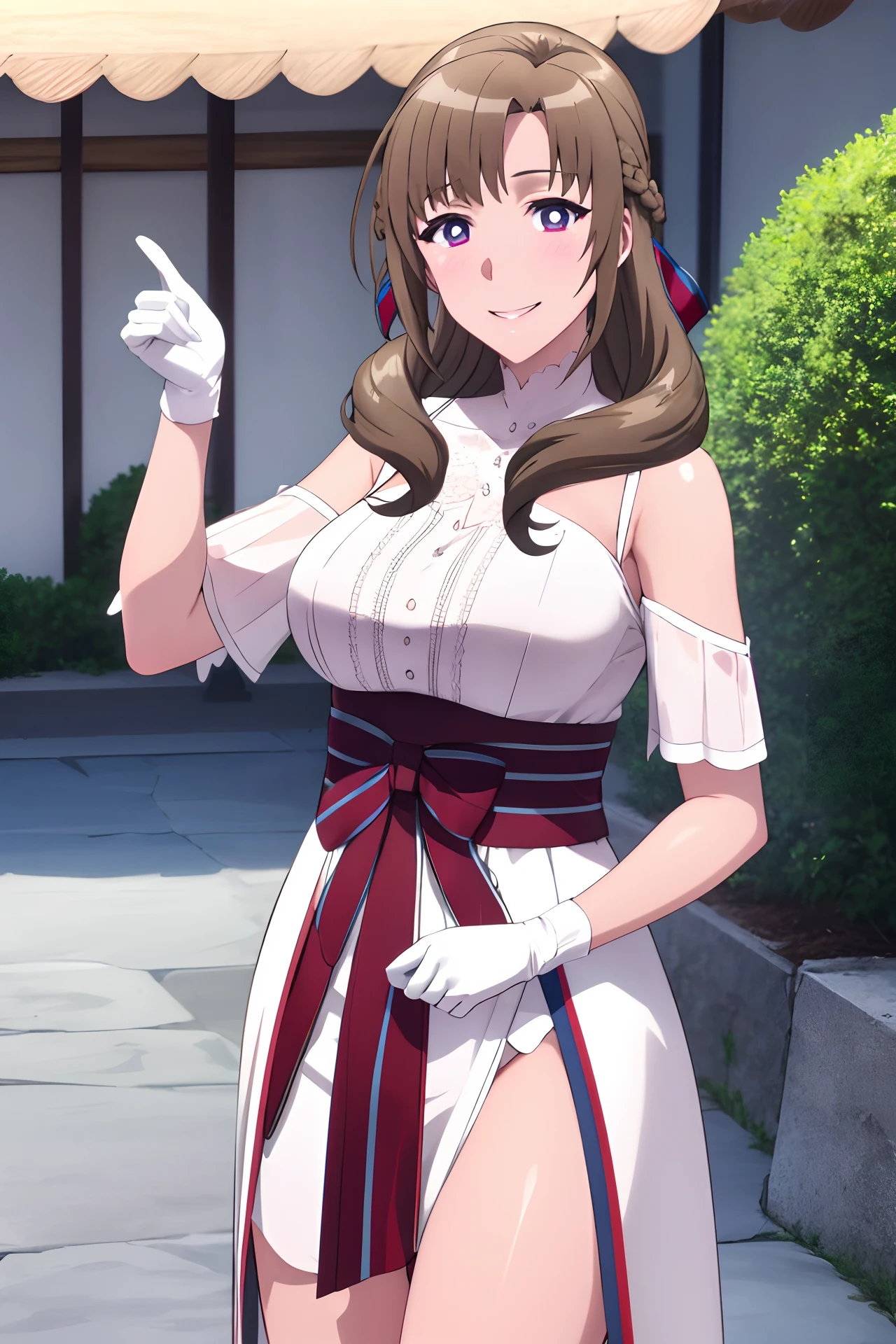 masterpiece, (best quality), 1woman,1girl ,mamako_oosuki,   brown hair,  long hair, french braid, purple eyes,mature female, dress, white dress,big breasts, ribbon,sexy woman,smile,  white gloves,closed clothes, embarrassed,blush,  bare shoulders, vibrant colors ,natural lighting  ,RTX,  , beautiful, (detailed face:1.2), showcase, (perfect eyes:1.1) ,(photorealistic:1.1), 8k uhd,  looking at viewer, outdoors,  simple backround,