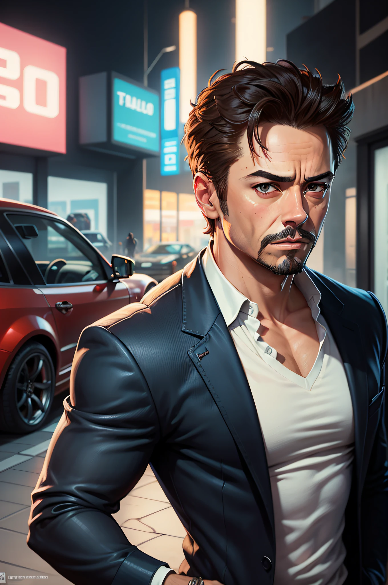 [tony Stark] "em Grand Theft Auto-estilo telas de carregamento, GTA estilo arte, Altamente detalhado e realista, olhos bonitos e azuis, Estilo de pintura digital, GTA style digital illustration, studio lighting,