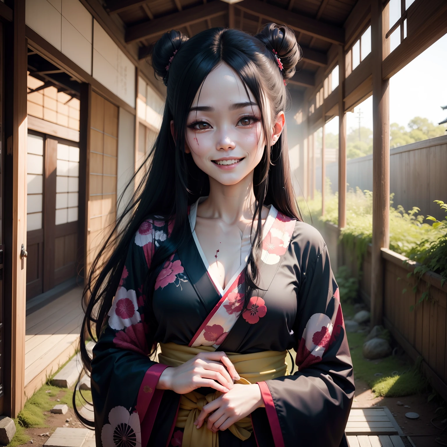 Smiling invincibly in an abandoned Japan garden、A female zombie in a kimono with long black hair that looks like she jumped out of the real world