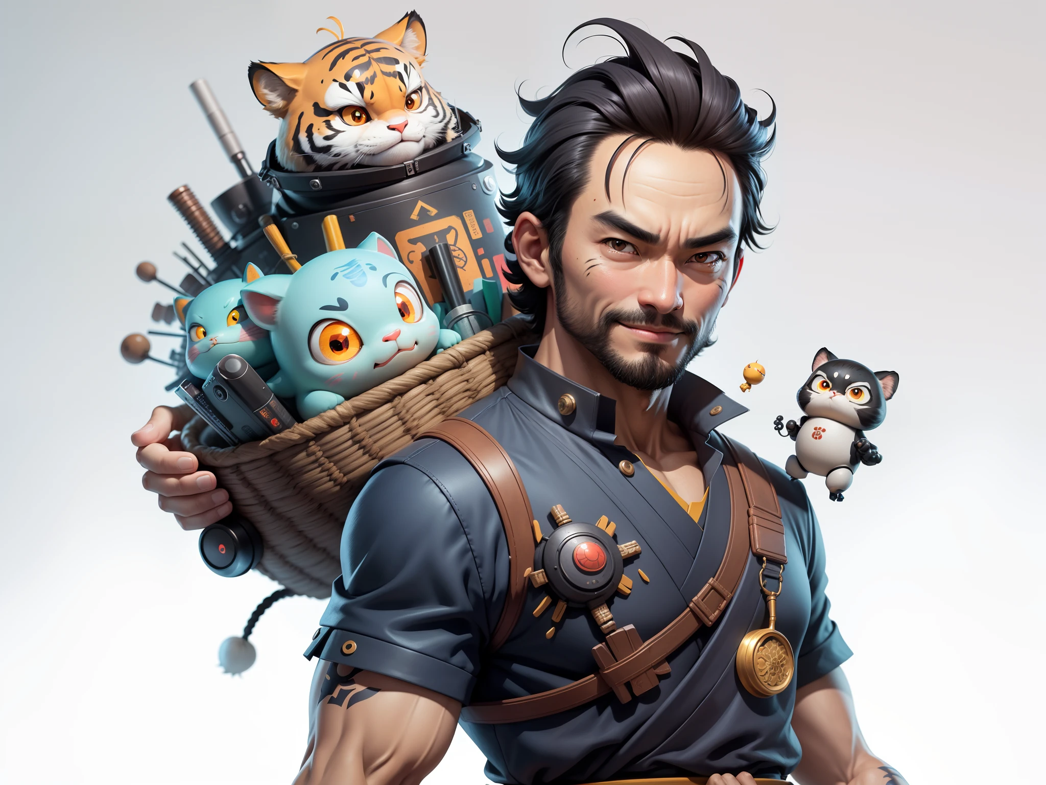 (Daisaku),(Need),(Super meticulous),(full bodyesbian:1.2),Super young man with Japanese geisha,Beautiful,orient,one tiger,Aeolian Thor,Raised sexy,爆乳,Oriental face,TV Anchor,Bust portrait illustration,In black suit,a blue tie,The face is slightly chubby,The face was clean,without a beard,Black super short hair,Black eyes,Smile confidently,3C computer sub-products,iPad, iphone,Digital painting,3D character design by Mark Clairen and Pixar and Hayao Miyazaki and Akira Toriyama,The illustration is a high-definition illustration in 4K resolution,With very detailed facial features and cartoon-style visuals。