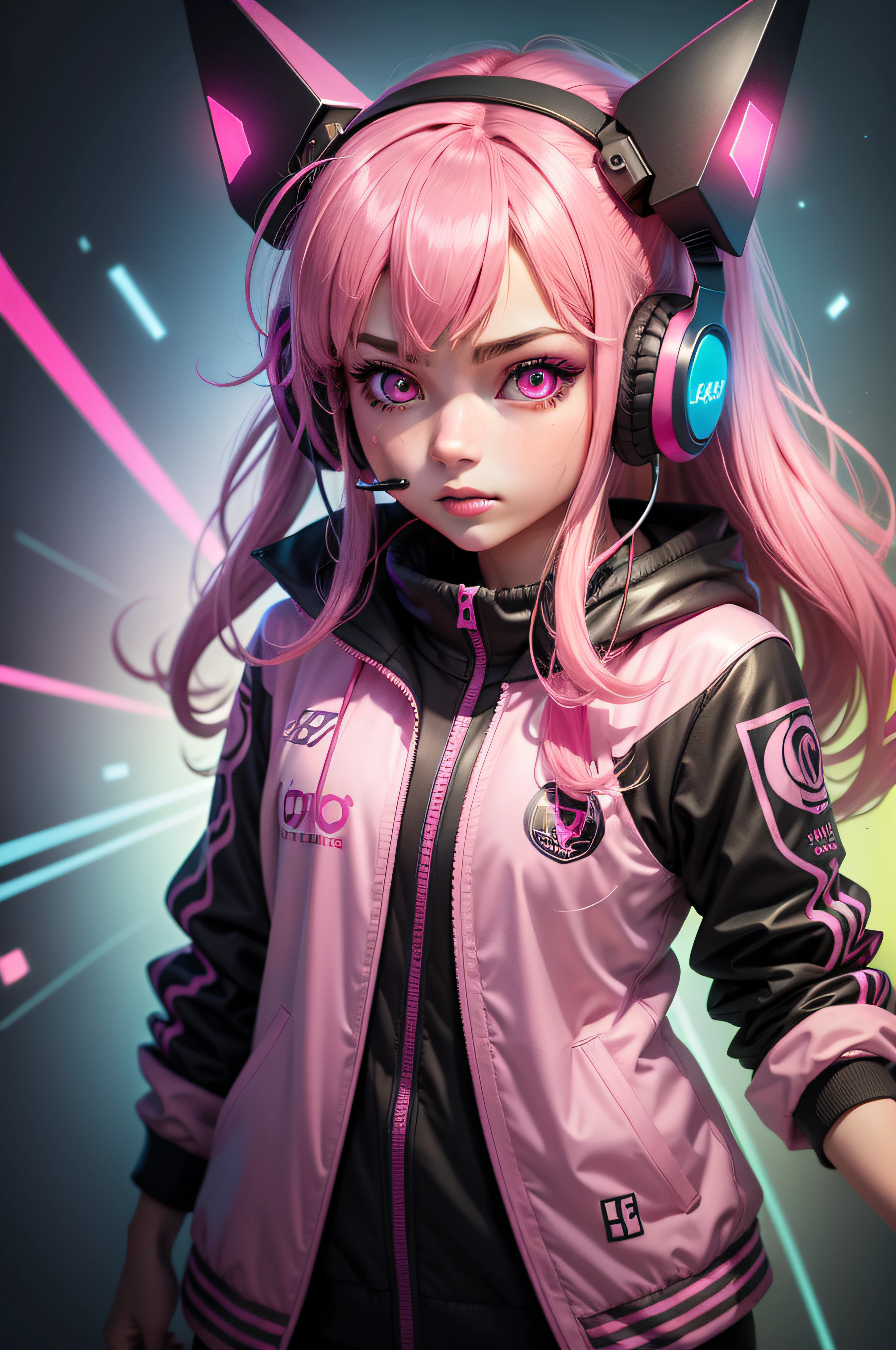 gamer girl with headset, glowing eyes, hot pink colors, psychedelic, bold colors, crazy design
