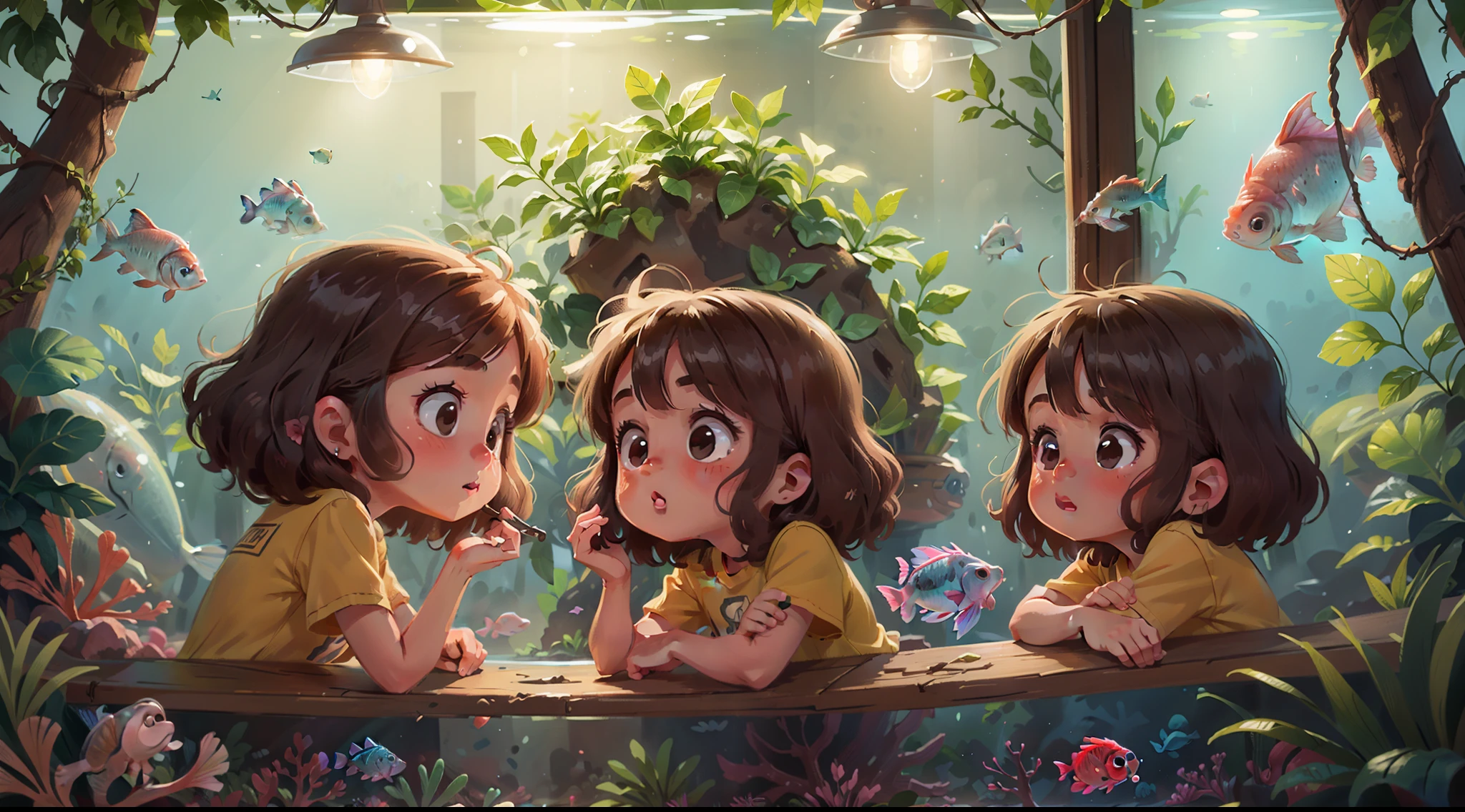 Two twin girls looking at the fish in the aquarium, curly brown hair.