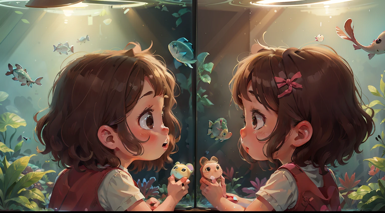 Two twin girls looking at the fish in the aquarium, curly brown hair.