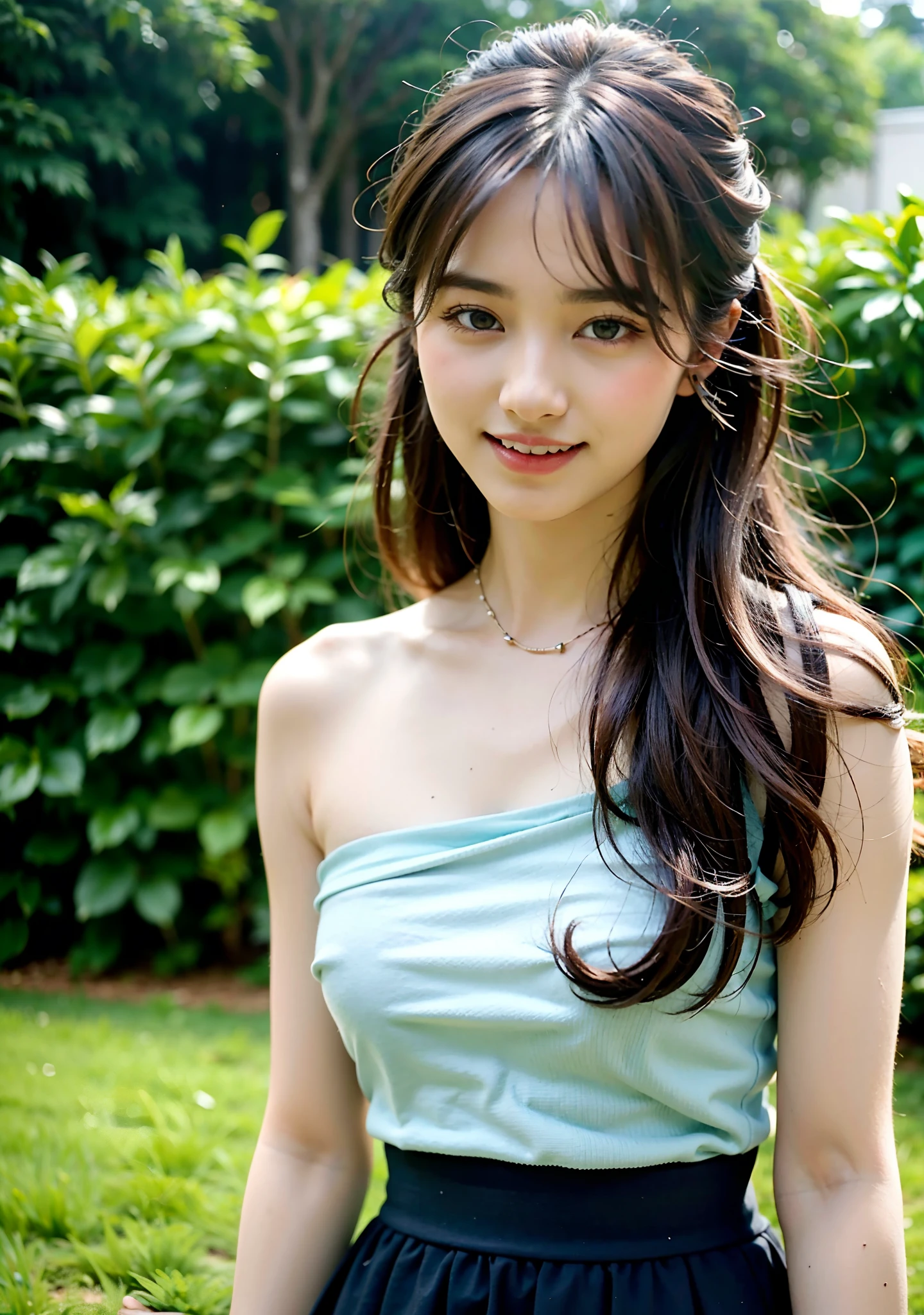 22 year old girl, wearing knee length skirt, light blue top, white skirt, brown hair, 3/4 body, portrait photo, deep of field, f/0.5, 200mm, girly, pretty, detailed skin description, realistic, 1 girl, natural pose, high bun hairstyle, inclined face angle, behind is the cinema, bare shoulder,
