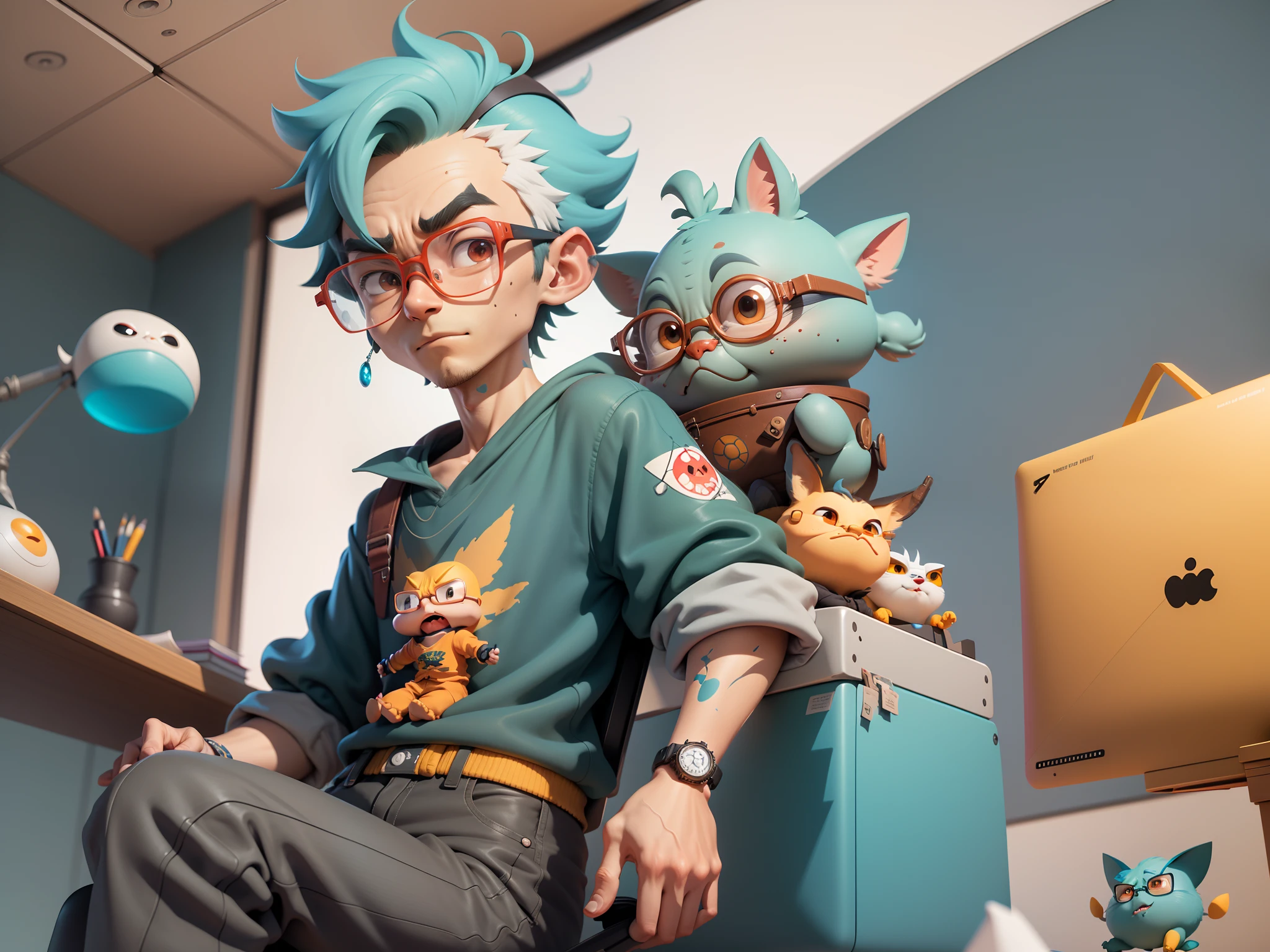 A young man with glasses sits at his desk,holding laptop,digitial painting,3D character design by Mark Clairen and Pixar and Hayao Miyazaki and Akira Toriyama,4K HD illustration,Very detailed facial features and cartoon-style visuals。