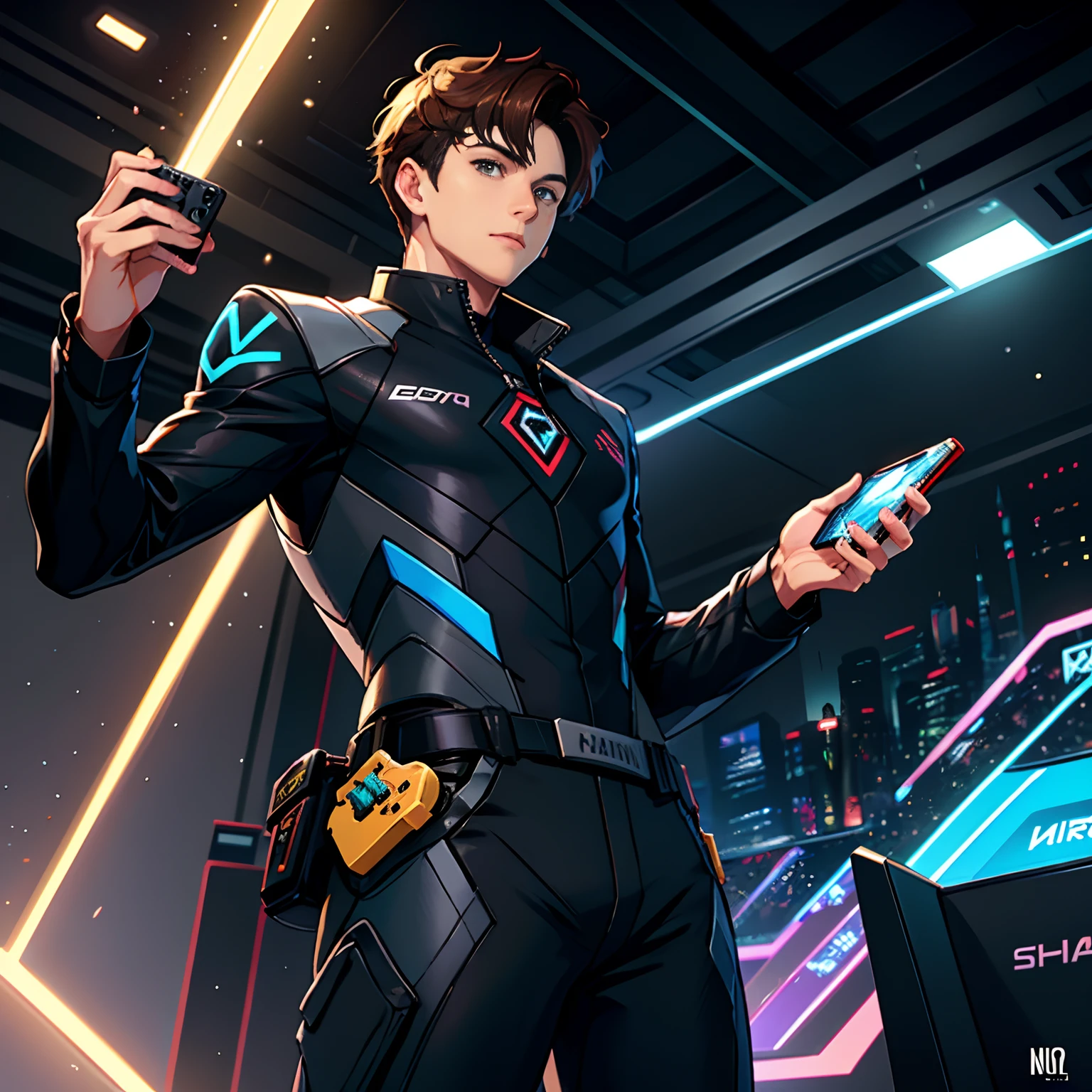 A handsome young man with short brown hair,, Stand in virtual space,Hold the handheld game console in both hands,Black esports suit,