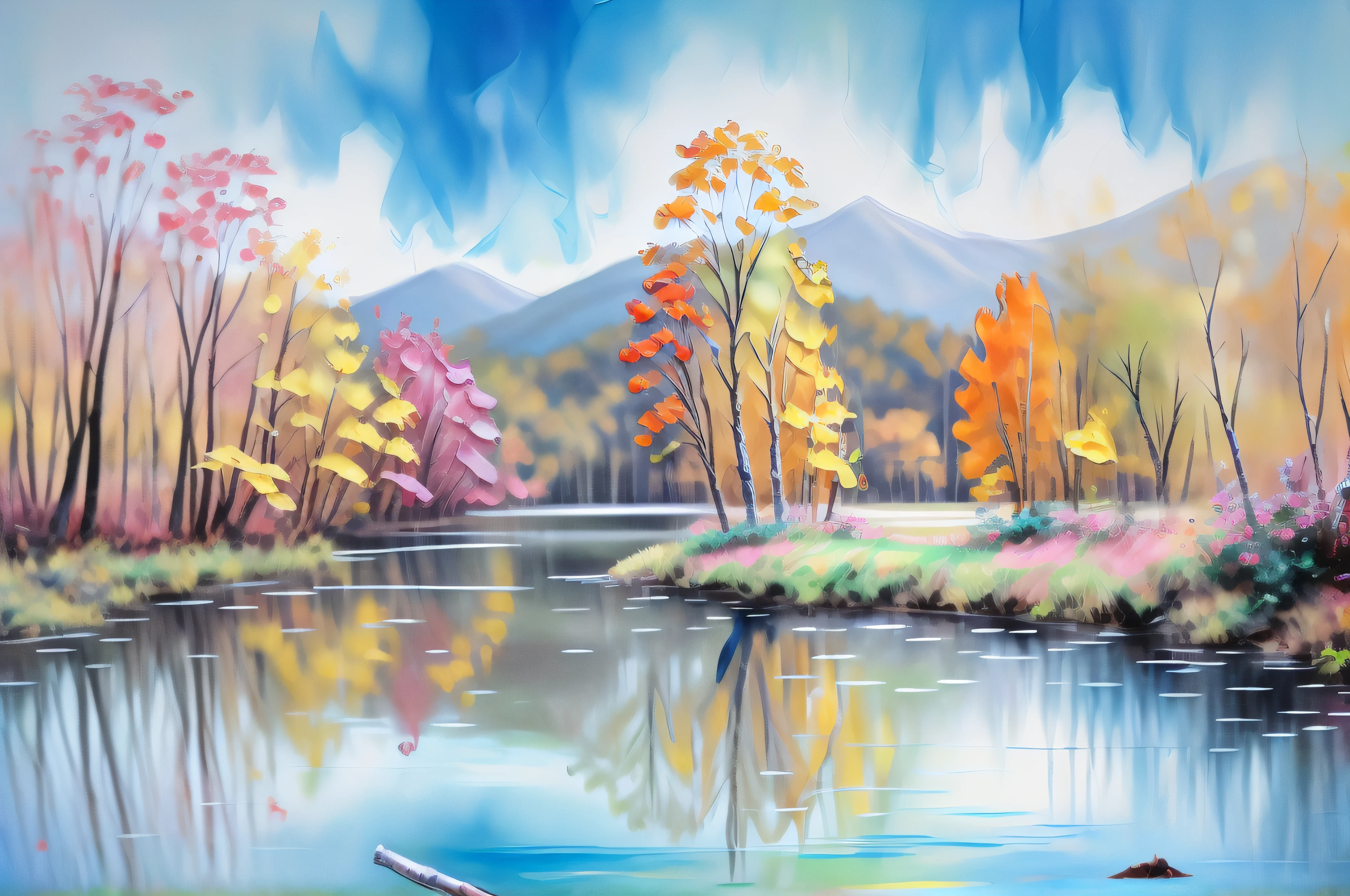paisagem, Um  Ave em um galho seco, In the background a lake and nearby trees around and alcohol paint and impasto mix paint, blast, 
yang08k, lindo, colorido,
obras-primas, qualidade superior, melhor qualidade, arte oficial, beautiful and aesthetic,