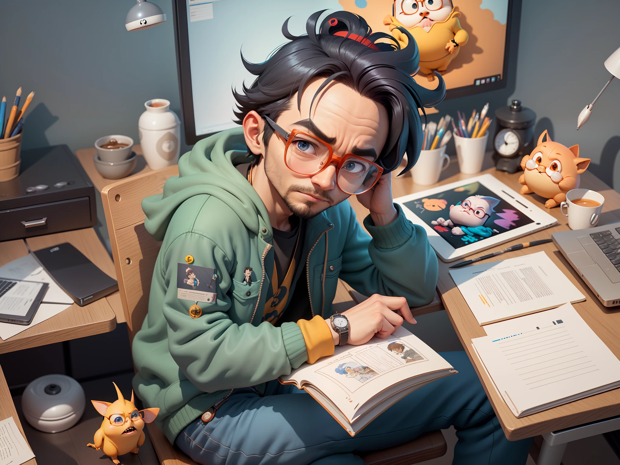 A young man with glasses sits at his desk，holding laptop，digitial painting，3D character design by Mark Clairen and Pixar and Hayao Miyazaki and Akira Toriyama，4K HD illustration，Very detailed facial features and cartoon-style visuals。