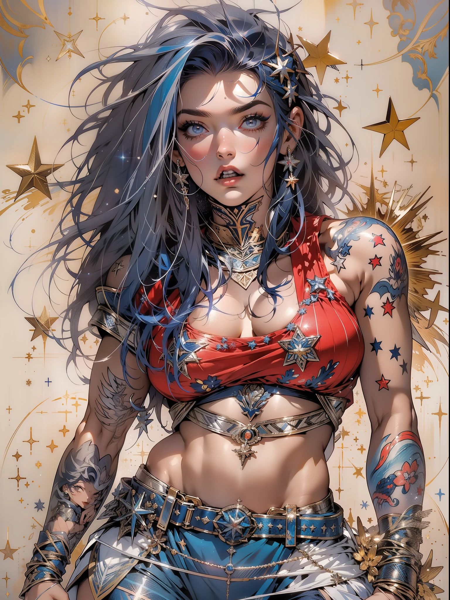 (((mulher))), (((melhor qualidade))), (((obra prima))), (((adulta))), Uma guerreira mulher de 35 anos com corpo perfeito, Brooklyn Gladiators, (( under boobs )), quase nua no estilo selvagem urbano de Simon Bisley para a capa da revista Heavy Metal, cabelo loiro, Minimum clothing, armadura (azul escuro com estrelas brancas e vermelho com listras brancas), cheio de pontas e rebites manchadas de tinta, tatuagem de estrelas de 5 pontas, (((corpo inteiro))), cabelo preto curto com franja branca cobrindo a testa