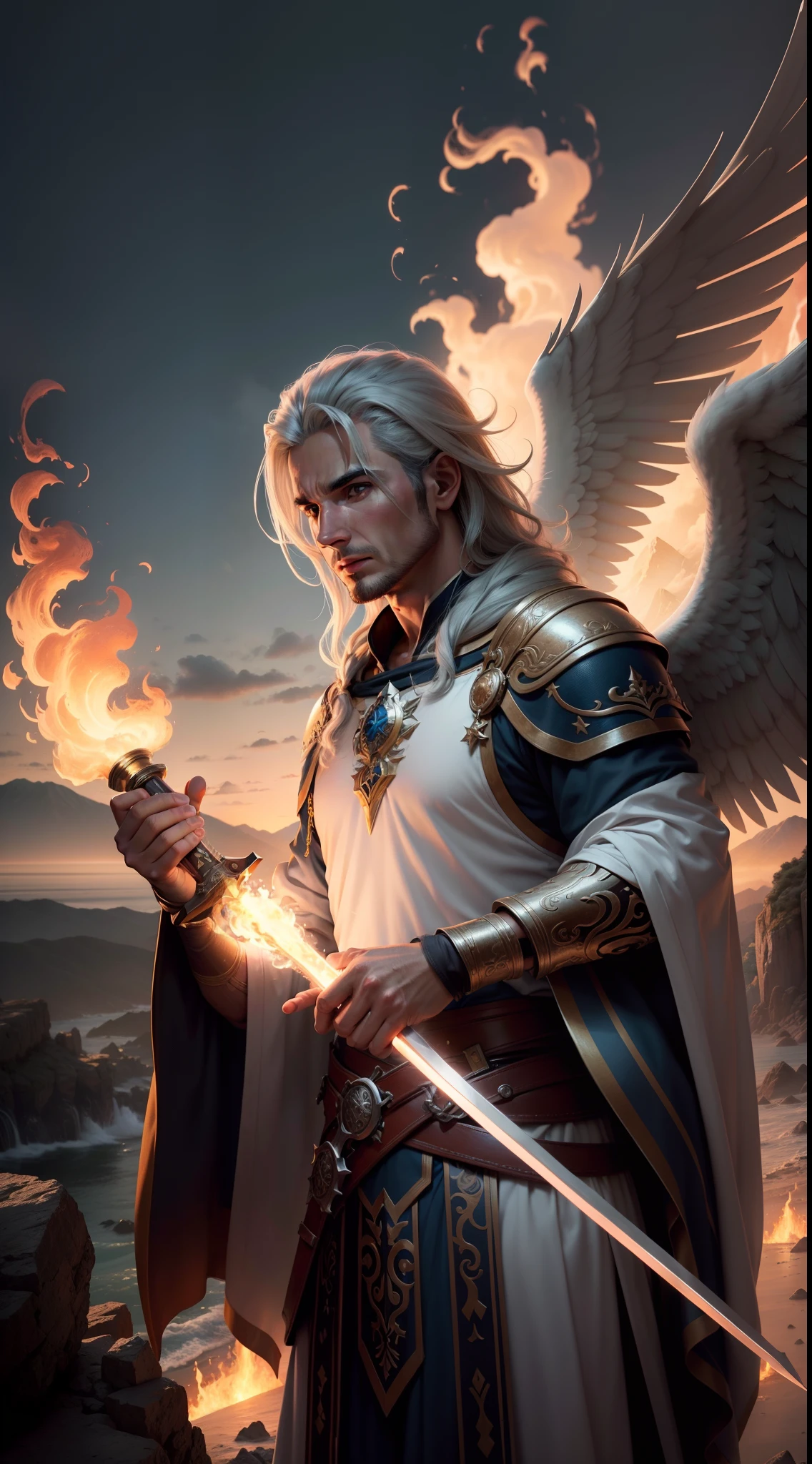 imagem ultra realista , anjo guerreiro, 30 anos, voando baixo , pouca roupa, Semblante angelical , rosto bonito, Asas douradas, corpo atletico, olhos azuis penetrantes, cabelos loiros, cabelos compridos, Fire sword in hand, mountainous region, nuvens escuras , lugar de rochedos, octane rendering, UHD 16k, Detalhes altos, Super Detalhe, melhor qualidade, movie set
