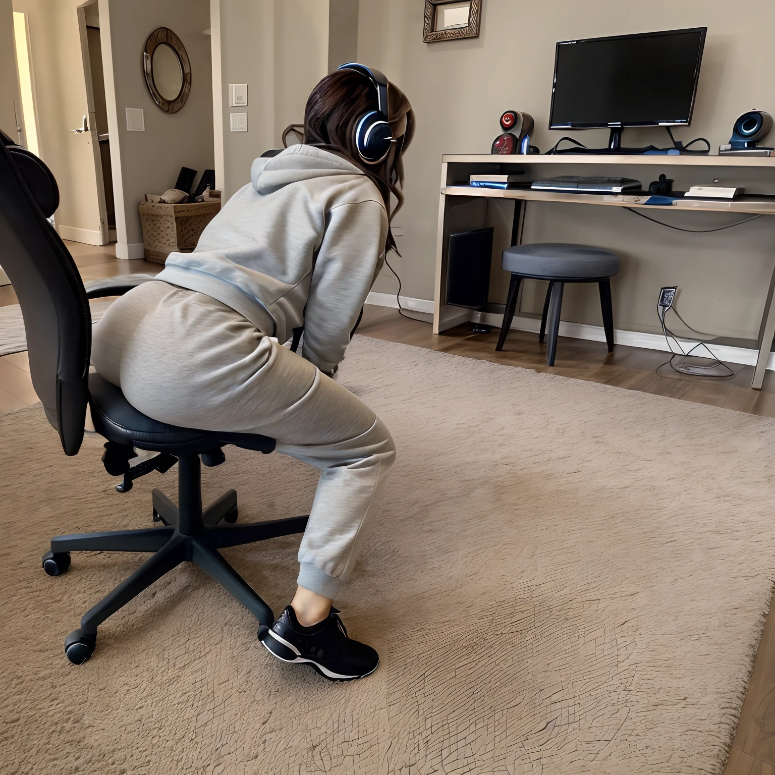 Pokimane leaning forward in her chair, grey sweatpants, bent forward, gaming chair, thicc, booty, beautiful body, ultra detailed, bent forward, reaching for something, sitting, 1girl, solo, reaching for something on the floor, hands on floor, booty in chair, turning away from table, from behind, bent forward a lot, very bent forward, alone
