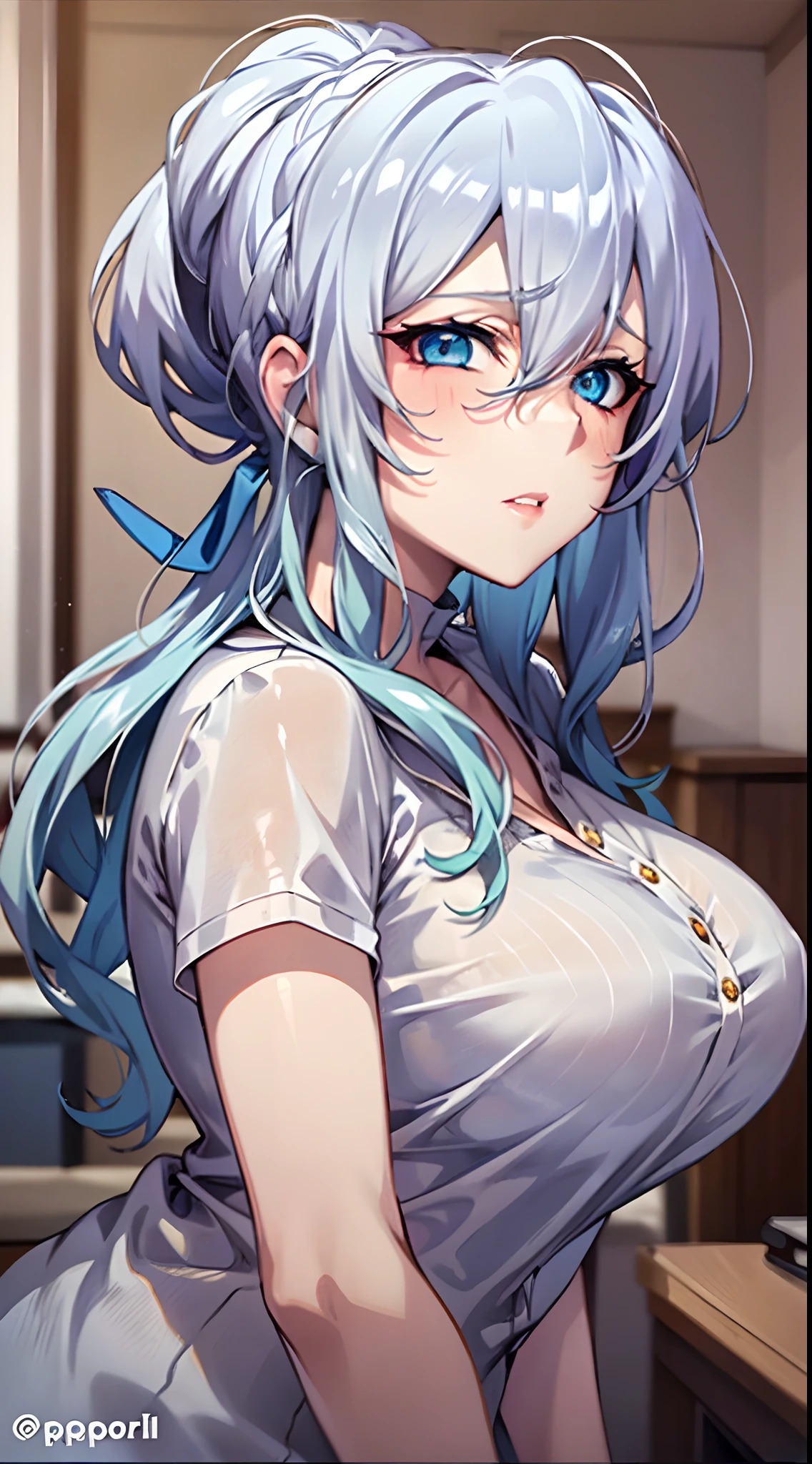 in bed, silver hair and  blue eyes, white shirt and no bra, anime visual of a cute girl, screenshot from the anime film, & her expression is solemn, in the anime film, in an anime, anime visual of a young woman, she has a cute expressive face, still from anime, big breast, red cheek, lustful face, fair skin