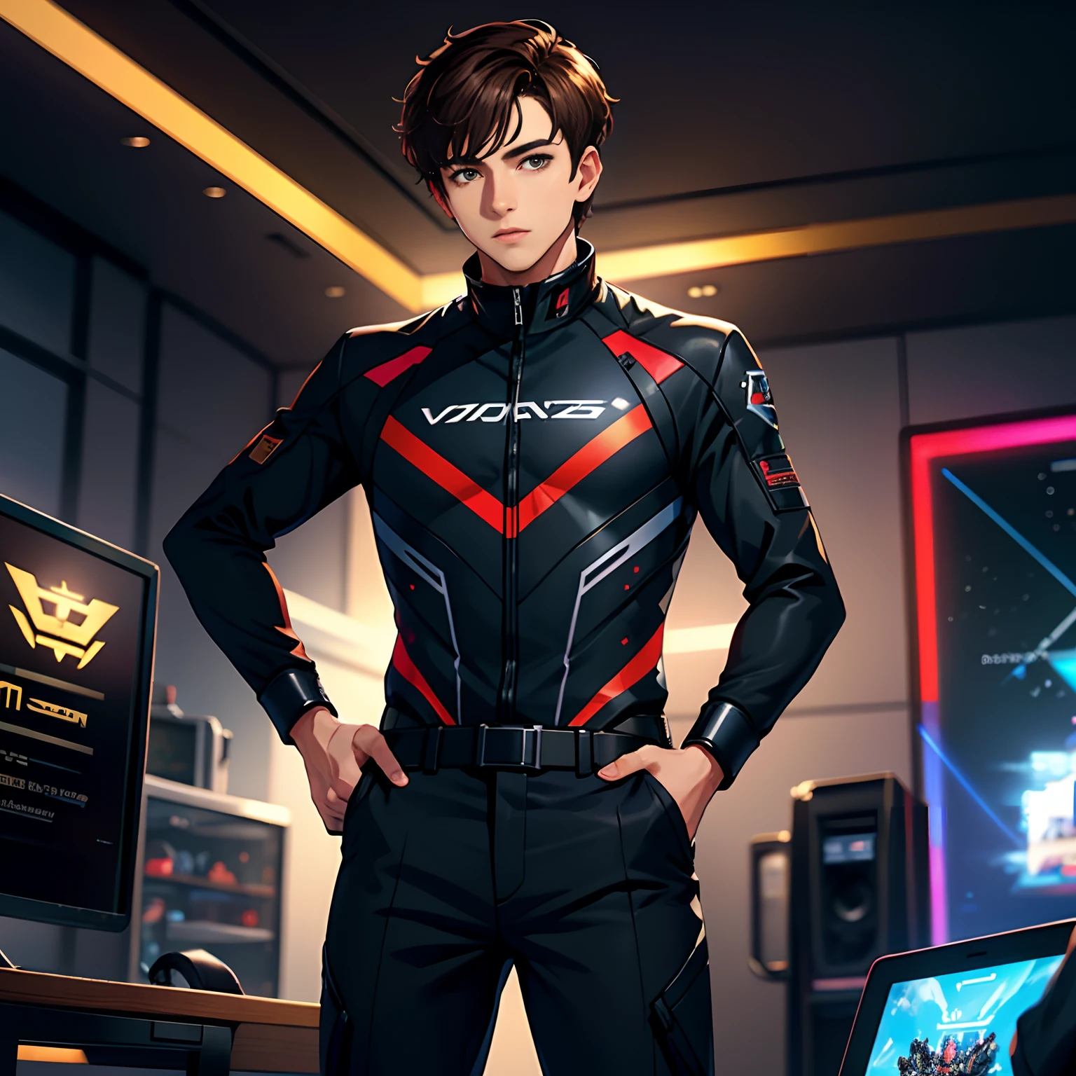A handsome young man with short brown hair，, Stand in virtual space，Hold the handheld game console in both hands，Black esports suit，