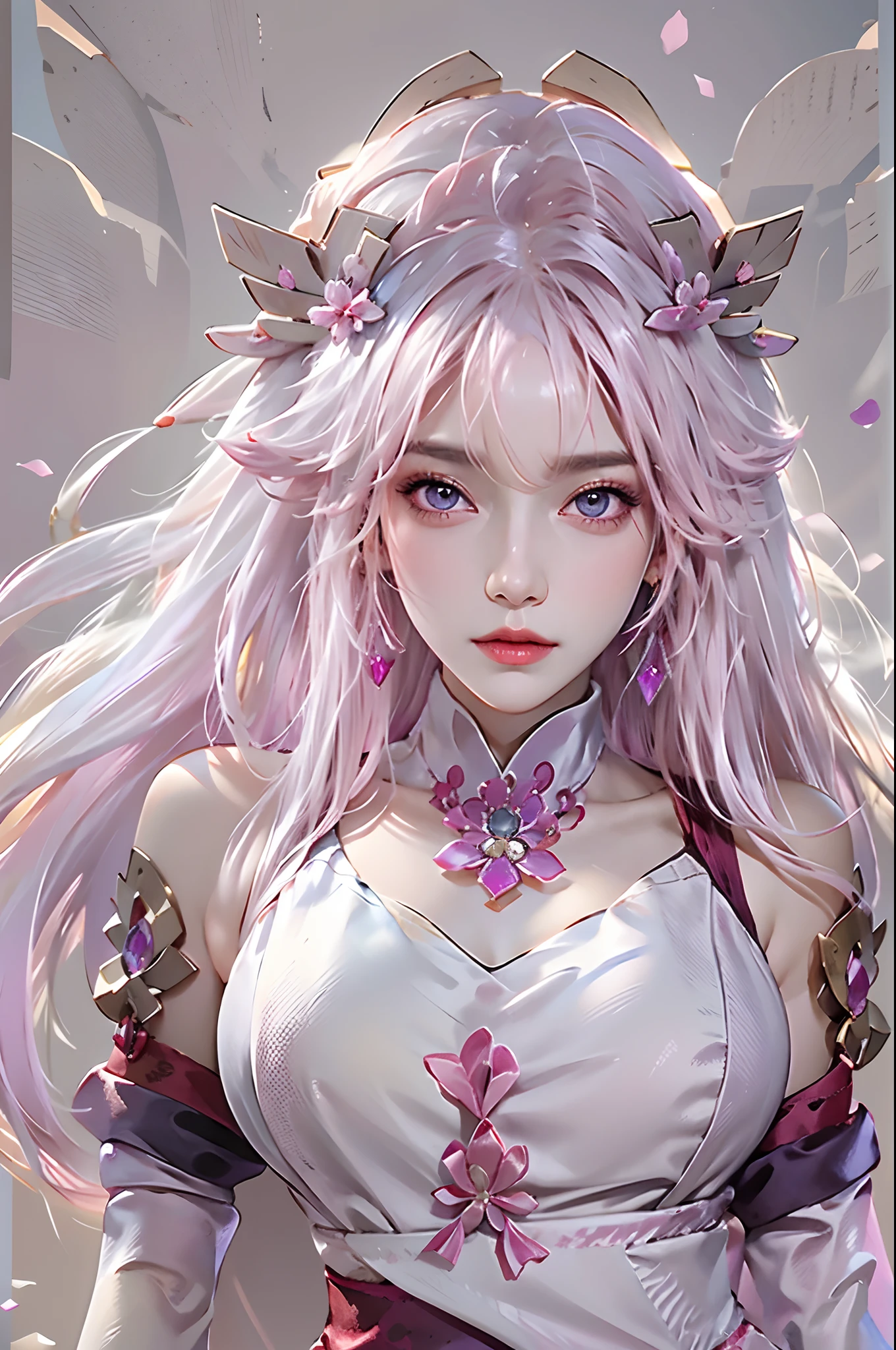 photorealistic, high resolution, 1 woman, white hair, hips up, yae miko, audult, detached sleeves, bare shoulders, pink hair, long hair, best quality, (hair ornament:1.35), jewelry, purple eyes, earrings,