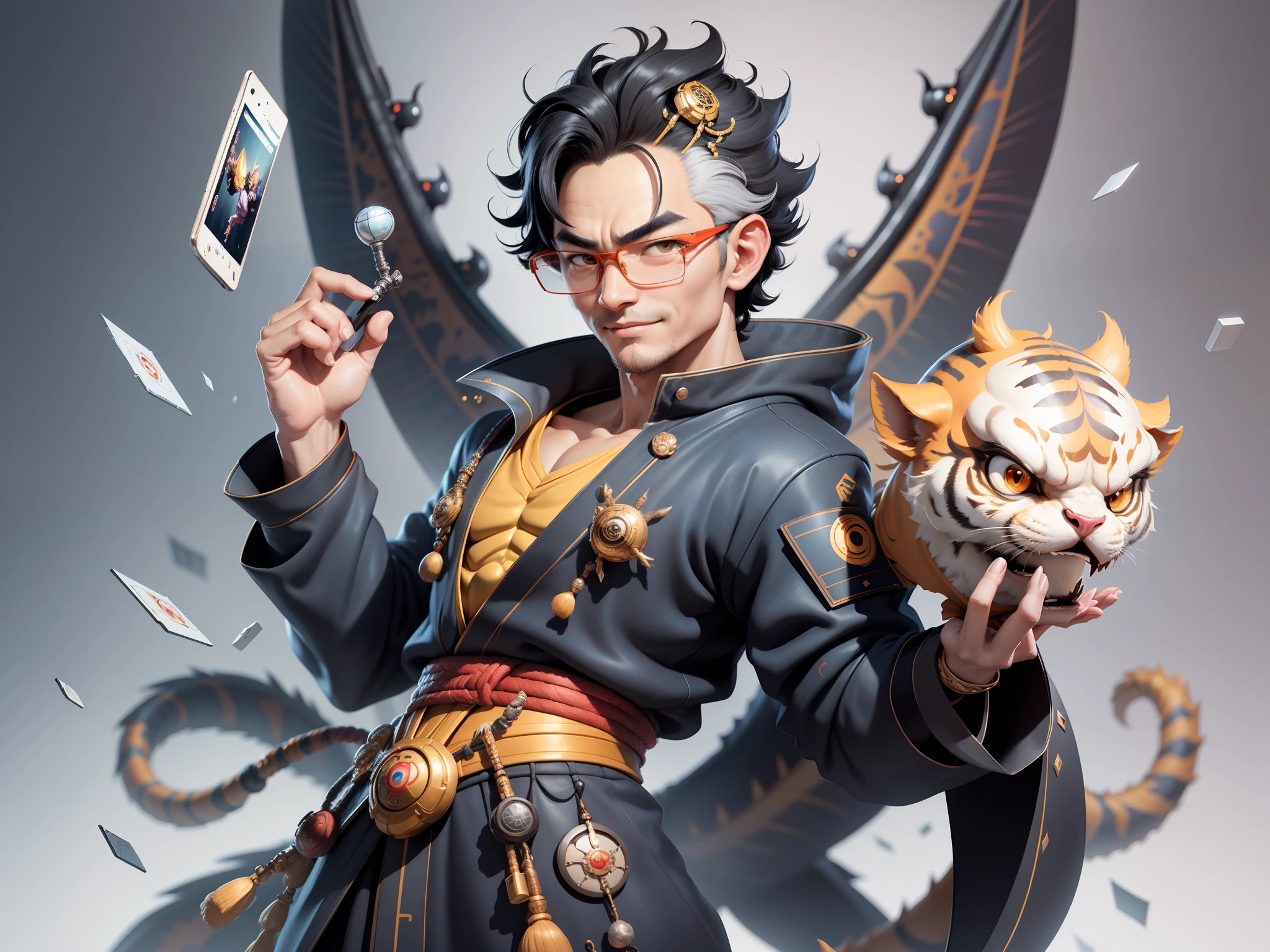 (Masterpiece), (Excellent), (Super Meticulous), (Full Body: 1.2), Super Young Man with Japanese Female Geisha, Pretty, Beautiful, Chinese Dragon, Tiger, Wind God Thor, Sexy, Bursting, Oriental Face, TV Anchor, Bust Portrait Illustration, Black Suit, Blue Tie, Slightly Chubby Face, Silver Glasses, Very Clean Face, No Beard on Chin, Black Super Short Hair, Black Eyes, Confident Smile, 3c Computer Sub-Products, iPad, iPhone, Digital Painting, 3D character design by Mark Clairedon and Pixar and Hayao Miyazaki and Akira Toriyama, the illustrations are HD illustrations in 4K resolution with highly detailed facial features and cartoon-style visuals.