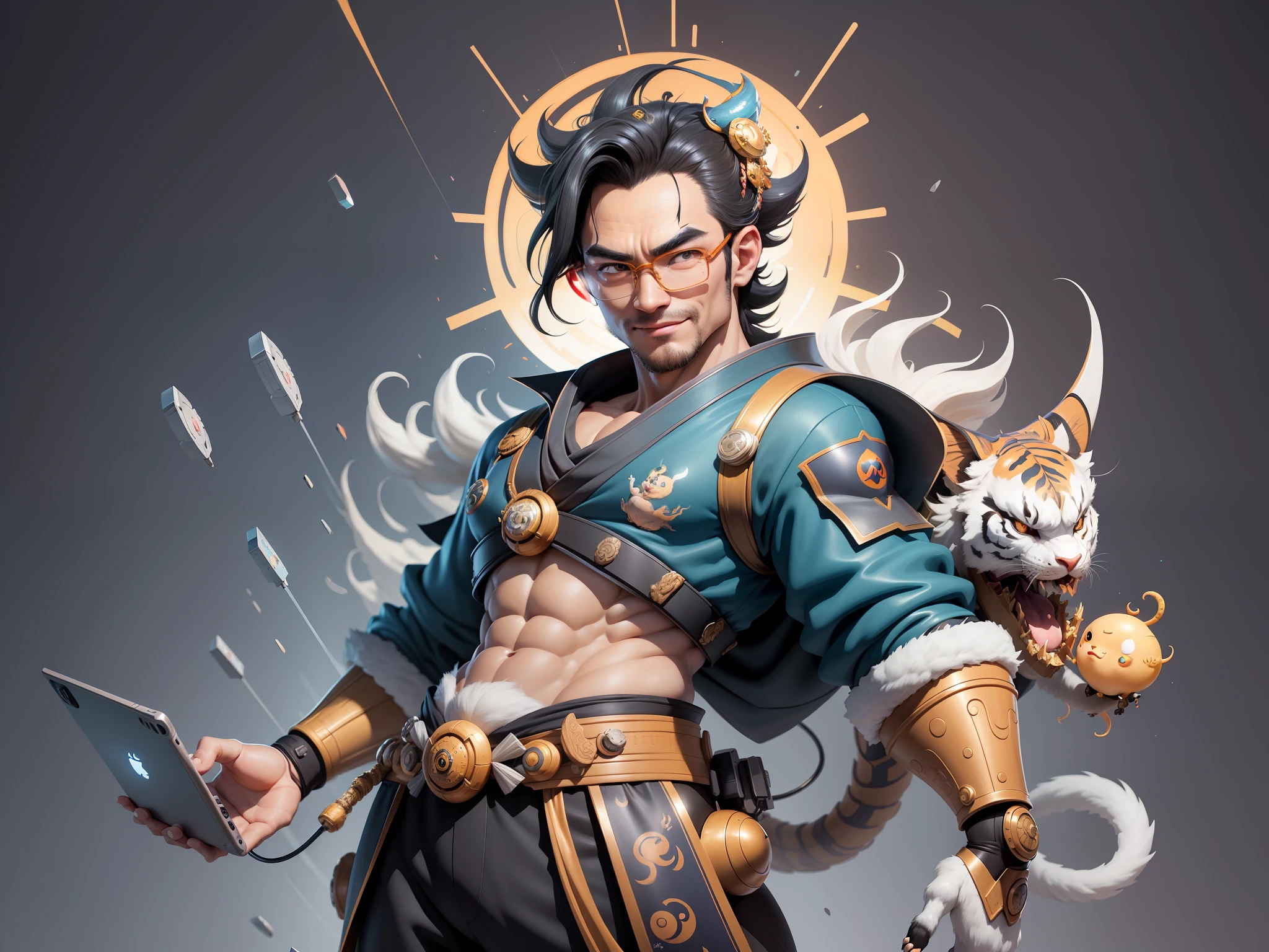 (Masterpiece), (Excellent), (Super Meticulous), (Full Body: 1.2), Super Young Man with Japanese Female Geisha, Pretty, Beautiful, Chinese Dragon, Tiger, Wind God Thor, Sexy, Bursting, Oriental Face, TV Anchor, Bust Portrait Illustration, Black Suit, Blue Tie, Slightly Chubby Face, Silver Glasses, Very Clean Face, No Beard on Chin, Black Super Short Hair, Black Eyes, Confident Smile, 3c Computer Sub-Products, iPad, iPhone, Digital Painting, 3D character design by Mark Clairedon and Pixar and Hayao Miyazaki and Akira Toriyama, the illustrations are HD illustrations in 4K resolution with highly detailed facial features and cartoon-style visuals.