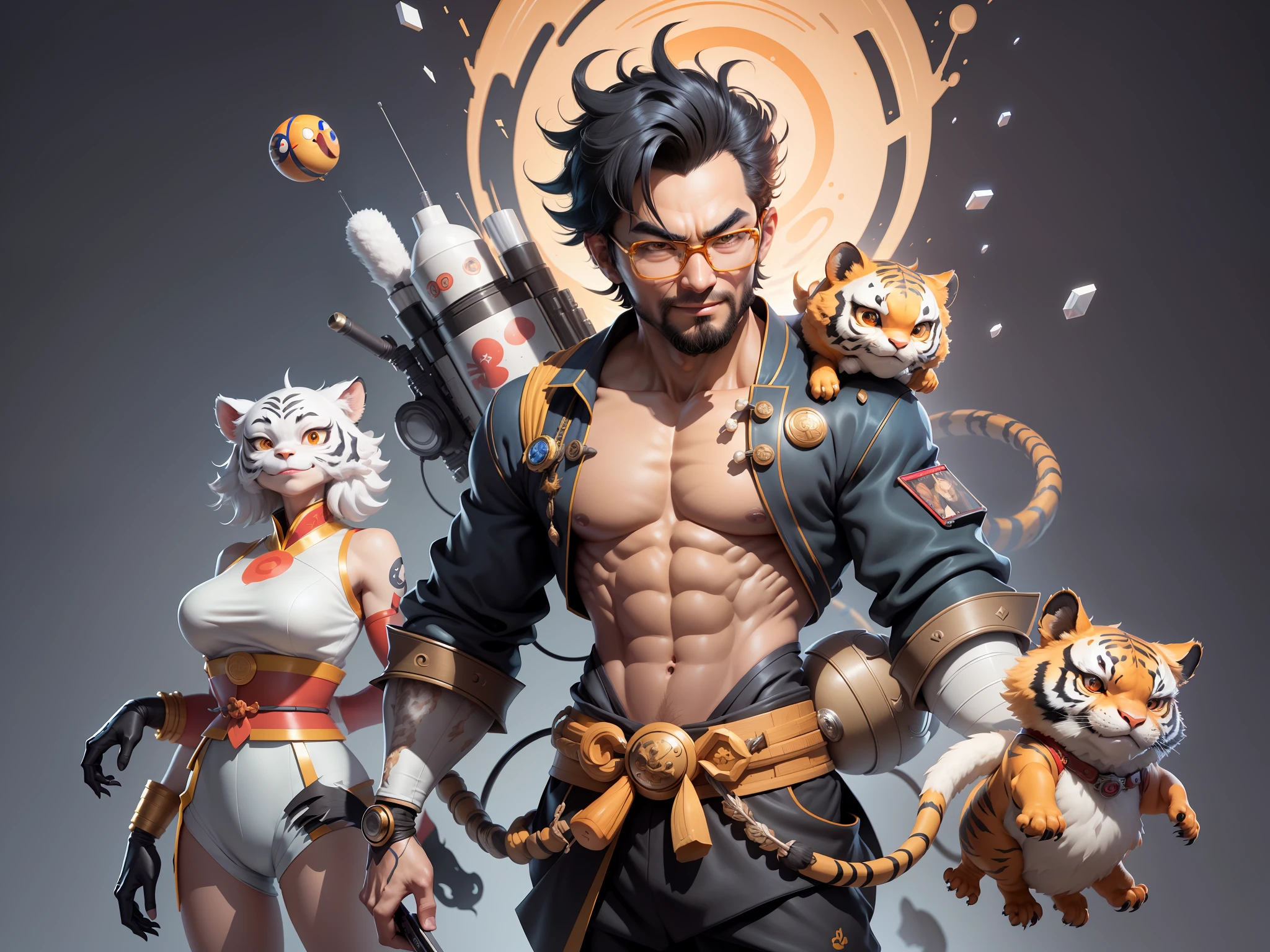 (Masterpiece), (Excellent), (Super Meticulous), (Full Body: 1.2), Super Young Man with Japanese Female Geisha, Pretty, Beautiful, Chinese Dragon, Tiger, Wind God Thor, Sexy, Bursting, Oriental Face, TV Anchor, Bust Portrait Illustration, Black Suit, Blue Tie, Slightly Chubby Face, Silver Glasses, Very Clean Face, No Beard on Chin, Black Super Short Hair, Black Eyes, Confident Smile, 3c Computer Sub-Products, iPad, iPhone, Digital Painting, 3D character design by Mark Clairedon and Pixar and Hayao Miyazaki and Akira Toriyama, the illustrations are HD illustrations in 4K resolution with highly detailed facial features and cartoon-style visuals.