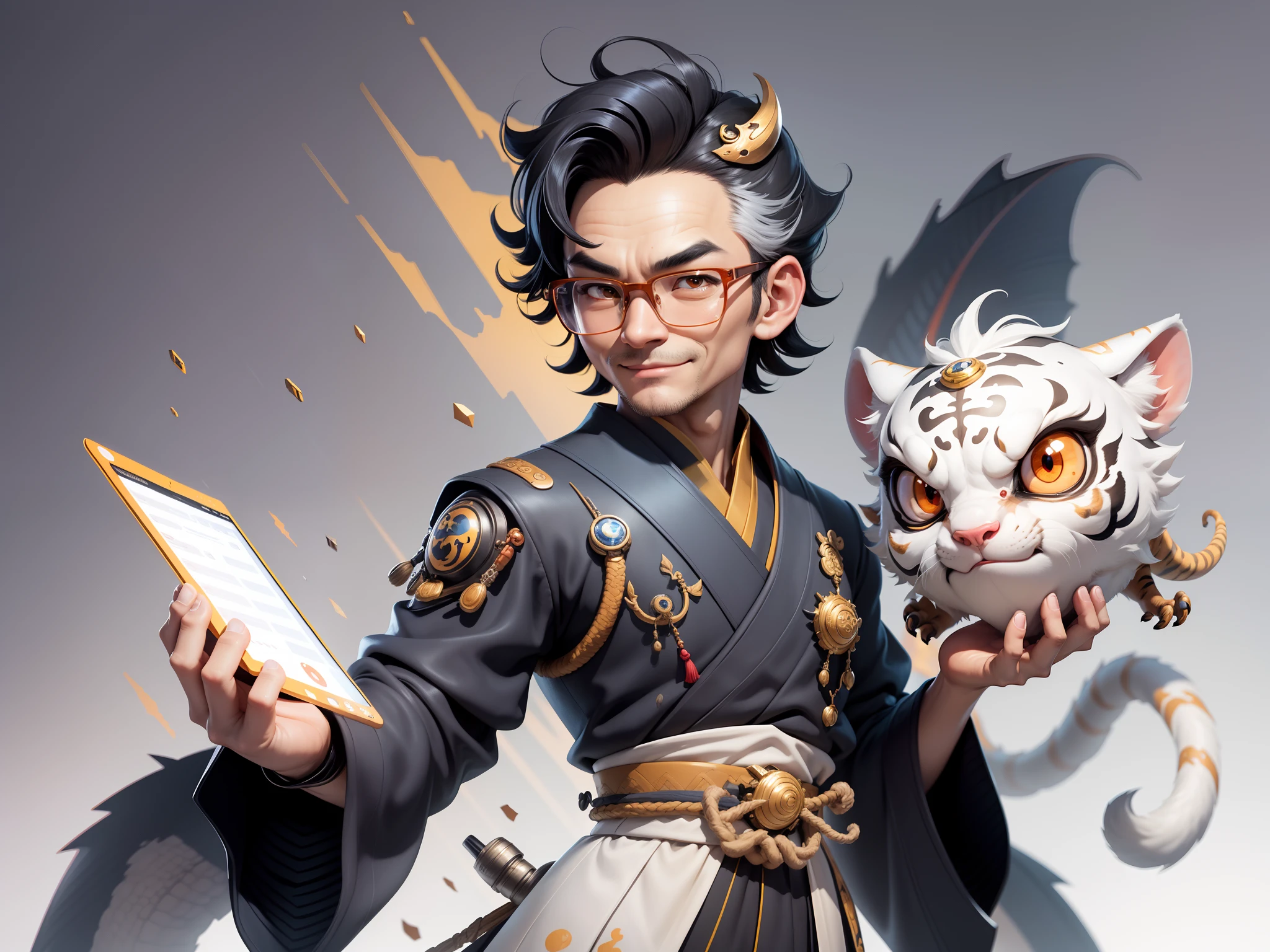 (Masterpiece), (Excellent), (Super Meticulous), (Full Body: 1.2), Super Young Man with Japanese Female Geisha, Pretty, Beautiful, Chinese Dragon, Tiger, Wind God Thor, Sexy, Bursting, Oriental Face, TV Anchor, Bust Portrait Illustration, Black Suit, Blue Tie, Slightly Chubby Face, Silver Glasses, Very Clean Face, No Beard on Chin, Black Super Short Hair, Black Eyes, Confident Smile, 3c Computer Sub-Products, iPad, iPhone, Digital Painting, 3D character design by Mark Clairedon and Pixar and Hayao Miyazaki and Akira Toriyama, the illustrations are HD illustrations in 4K resolution with highly detailed facial features and cartoon-style visuals.