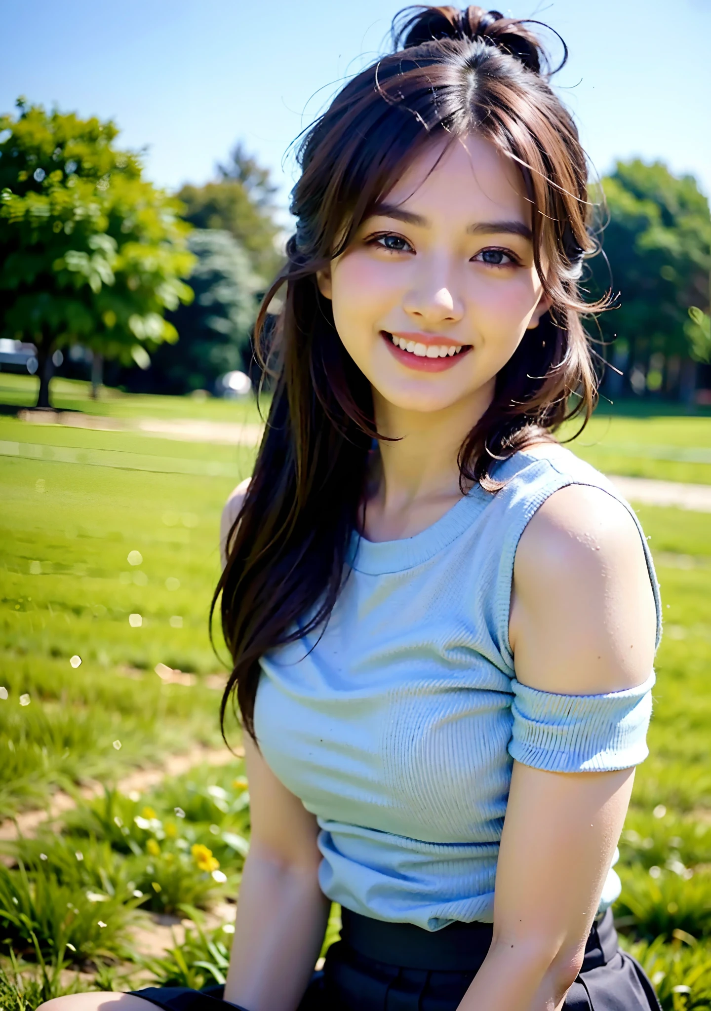 22 year old girl, wearing knee length skirt, light blue top, white skirt, brown hair, 3/4 body, portrait photo, deep of field, f/0.5, 200mm, girly, pretty, detailed skin description, realistic, 1 girl, natural pose, high bun hairstyle, inclined face angle, behind is the cinema, bare shoulder,