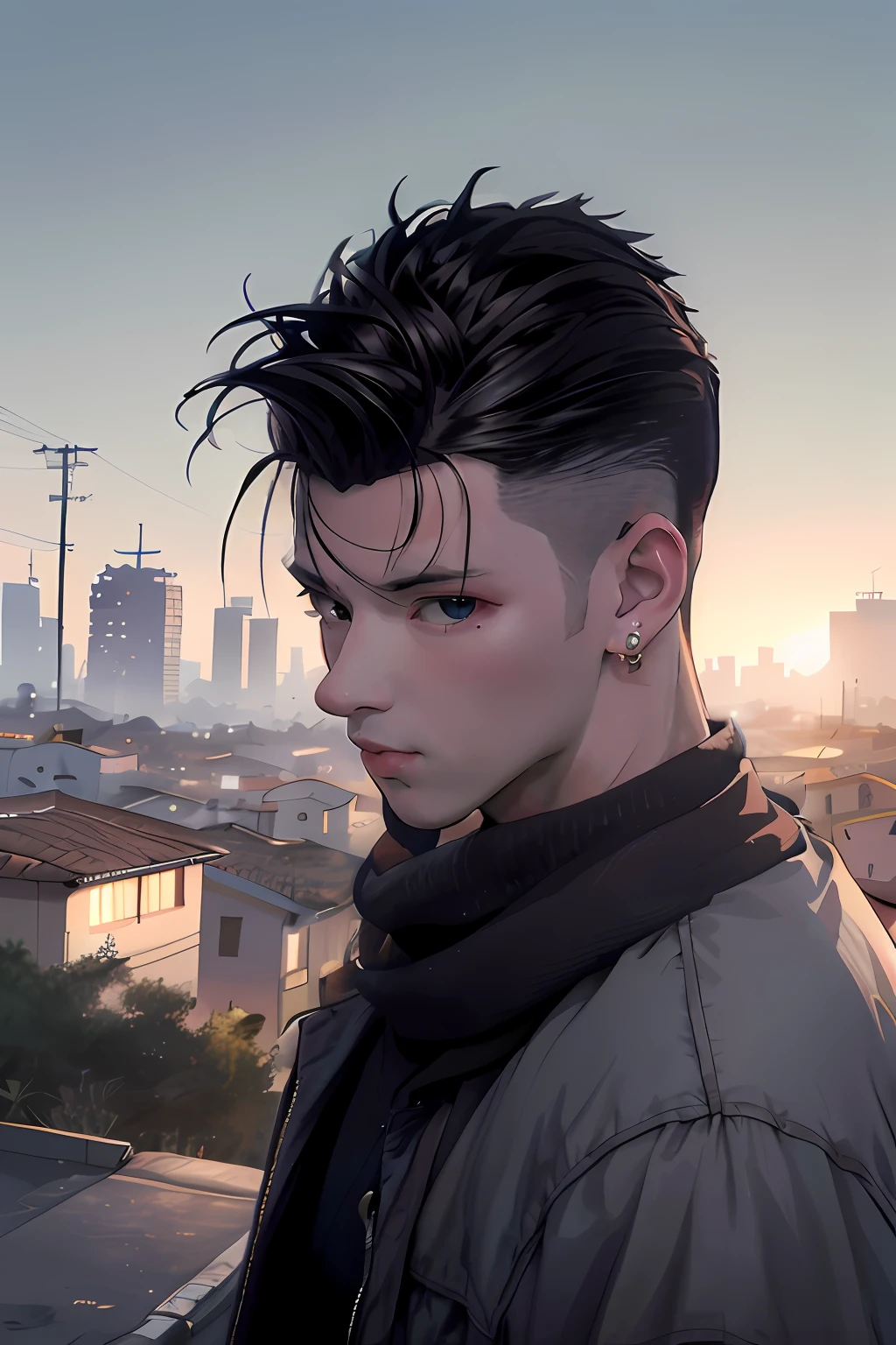 Anime - style illustration of a man with a mohawk a scarf and an earring, Arte no estilo de Guweiz, inspirado em Yanjun Cheng, Estilo Ross Tran, Retrato anime de um homem bonito, estilo realismo anime, homem bonito anime, RossDraw Retrato, No estilo de Ross Tran, realismo artstyle, Rossdraw 1. 0, arte de anime realista