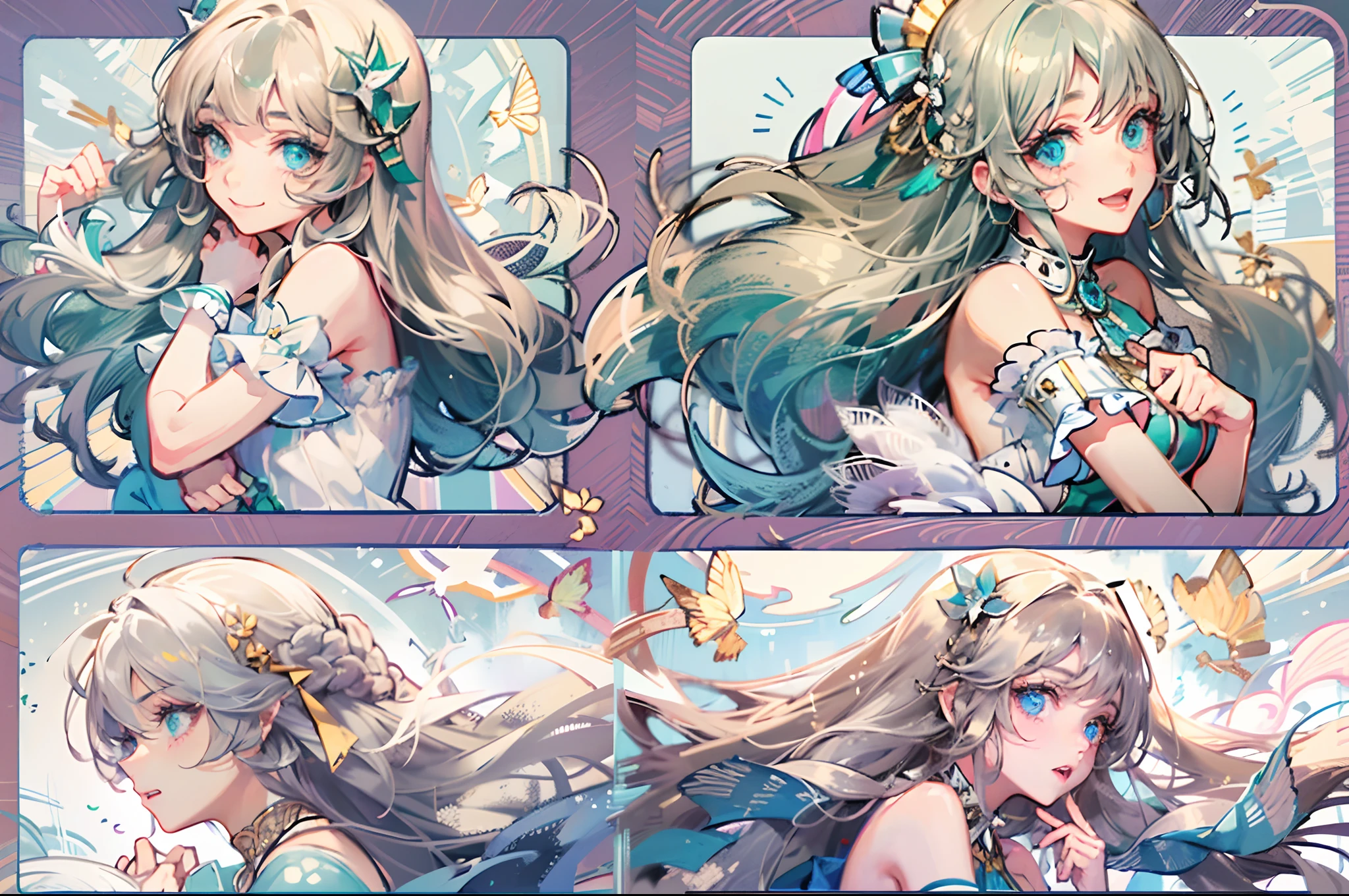 ((Masterpiece)), (best quality), highres, ultra detailed, gradient, dynamic pose, wide shot, golden ratio, (full body), super cute girl, (mature girl), super beautiful girl with super cute and sexy face, (super cute face expression), most beautiful magical girl, with most beautiful shiny green eyes, very detailed and expressive eyes, super beautiful long blue hair, super beautiful hairstyle, beautiful and super aesthetic hair ornament, very delicate and gorgeous, (nice, delicate and beautiful hands and fingers), (silk fabric:1.1) (wearing super girly and super sexy clothes), with a super beautiful magical rod, with beautiful powers, in a divine realm in war, mesmerizing and enchanting art