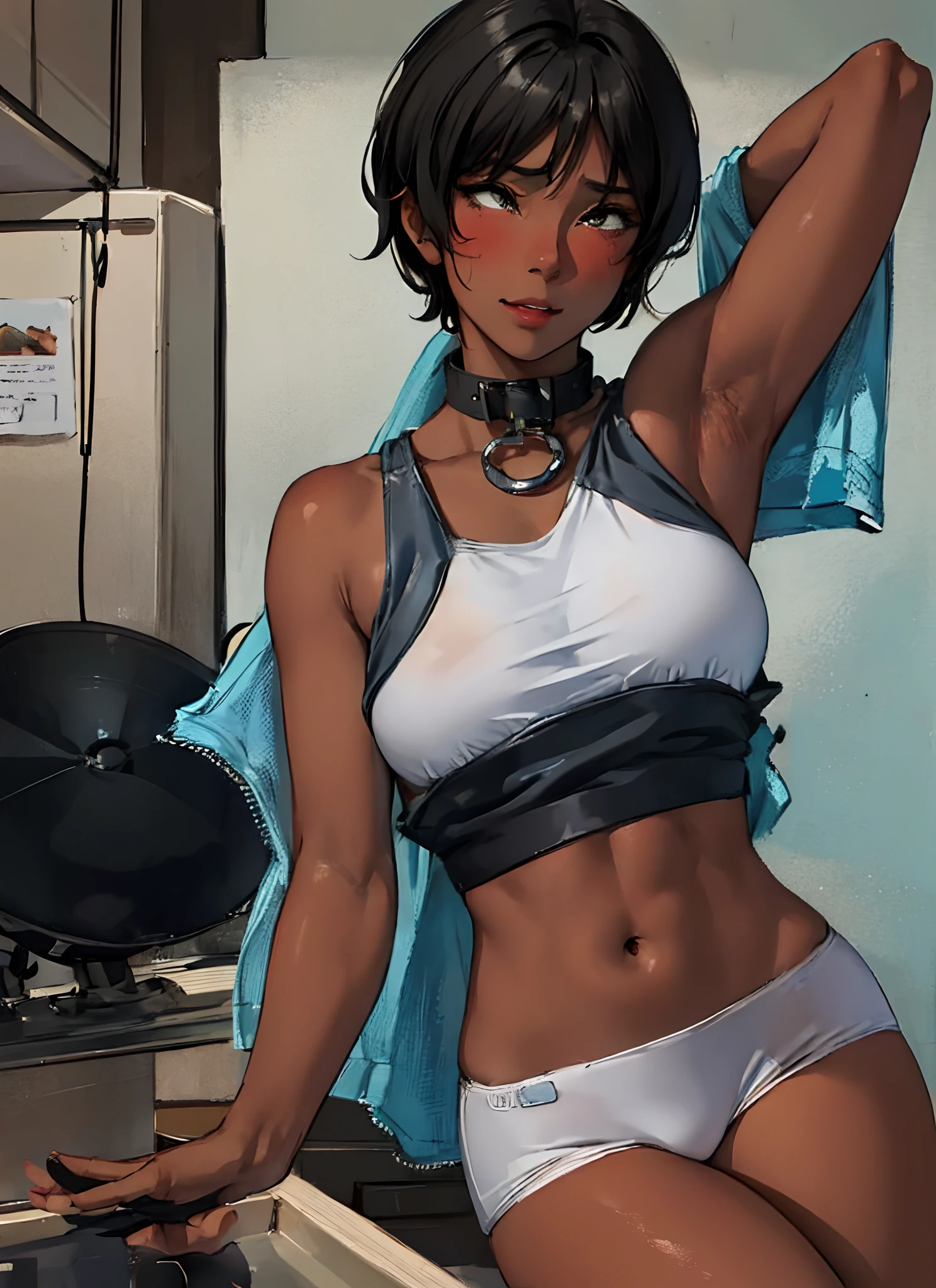 1 daughter, (Six:1.2),爆乳,tomgirl,(masterpiece,hightquality),huge tit,cleavage of the breast,(Extreme dark skin:1.4),A dark-haired,(Very short:1.2),full of shyness,embarrassed from,Looks happy,red blush,thighs thighs thighs thighs、well-muscled、hairarmpits、collars、Arms behind your head、perspiring、steams、looking at viewert