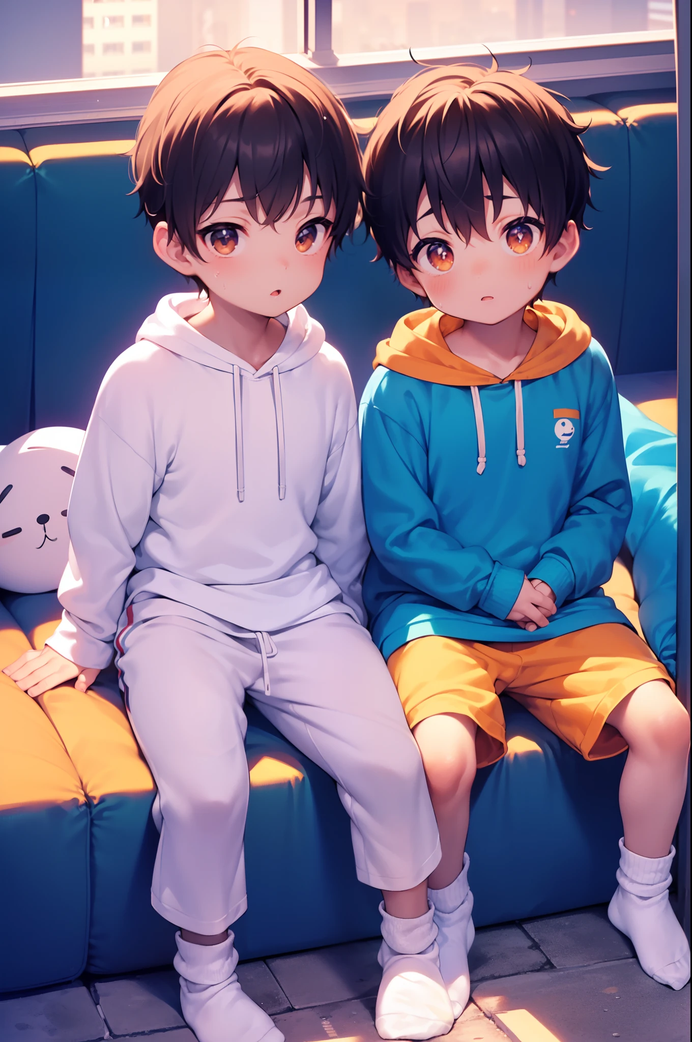 2 chubby Little boys with White hair and shiny orange eyes and colorful socks wearing a hoodie, and oversized sweatpants sitting on a bed, young, boy, child, small, toddler, sparkles falling from sky, night, dark, soft light, (sweatpants:1.4), (socks:1.4), (Boy:1.4), (Shota:1.4), (Young:1.4), (Male:1.4)