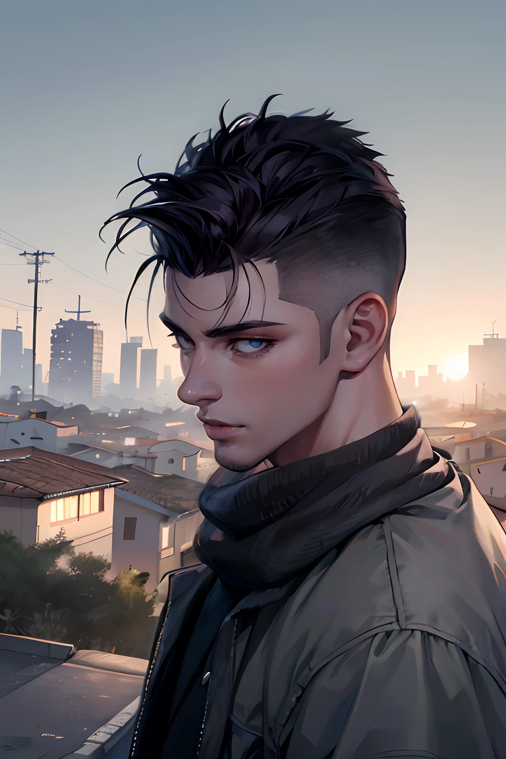 Anime - style image of a man with a mohawk and a large scarf, Arte no estilo de Guweiz, estilo realismo anime, arte de anime realista, homem bonito anime, Retrato anime de um homem bonito, estilo de arte realista, Digital anime illustration, estilo anime masculino, realismo artstyle, retrato estilo anime, retrato impressionante do rosto do anime, realistic anime art style