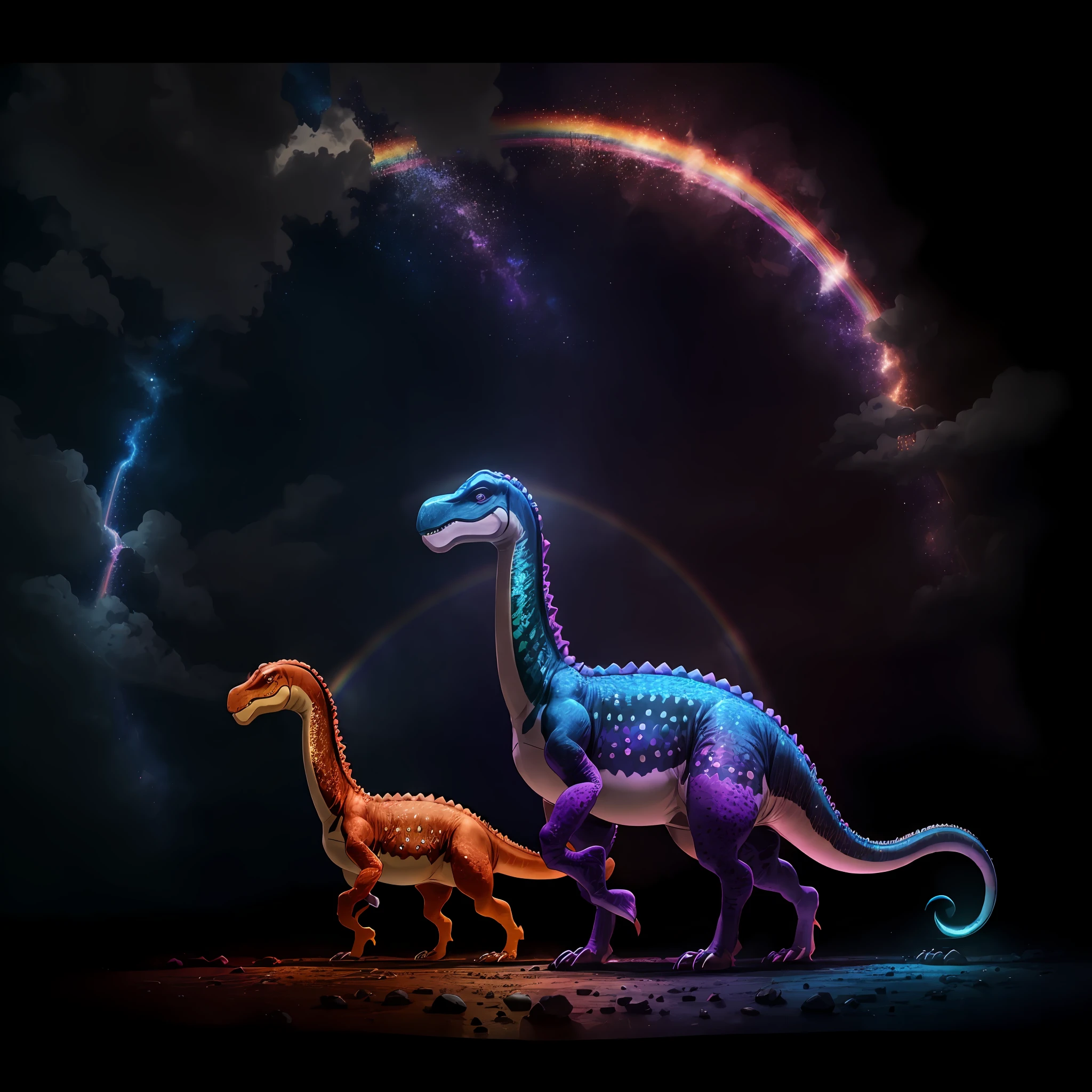 Antetonitrus dinosaur Bornite, brown and copper-red in color with various iridescent shades of blue to purple markings, walking under a rainbow, best quality, masterpiece