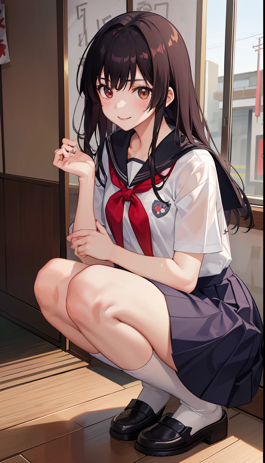 1girl in、A smile、The shirt、skirt by the、（small tits）Chilarism、Japan High School Student Uniform、serafuku、summer clothing、Squall Drenched Uniform、（Sheer Bra）、Upper body portrait、Squatting panchira、