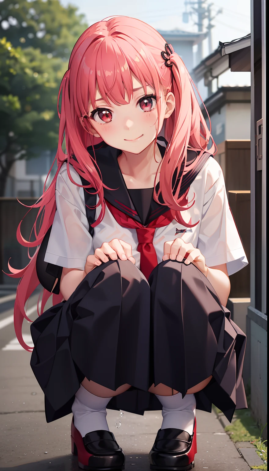 1girl in、A smile、The shirt、skirt by the、(small tits)Chilarism、Japan High School Student Uniform、serafuku、summer clothing、Squall Drenched Uniform、(Sheer Bra)、Upper body portrait、Squatting panchira、