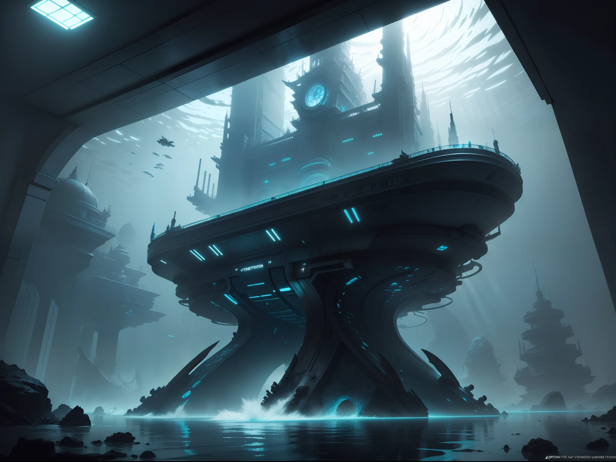 tmasterpiece, higly detailed, Underwater base, Sci-fi, Scientific complex under water, Greater depth, floodlights under water, Flat surface, Underwater world.