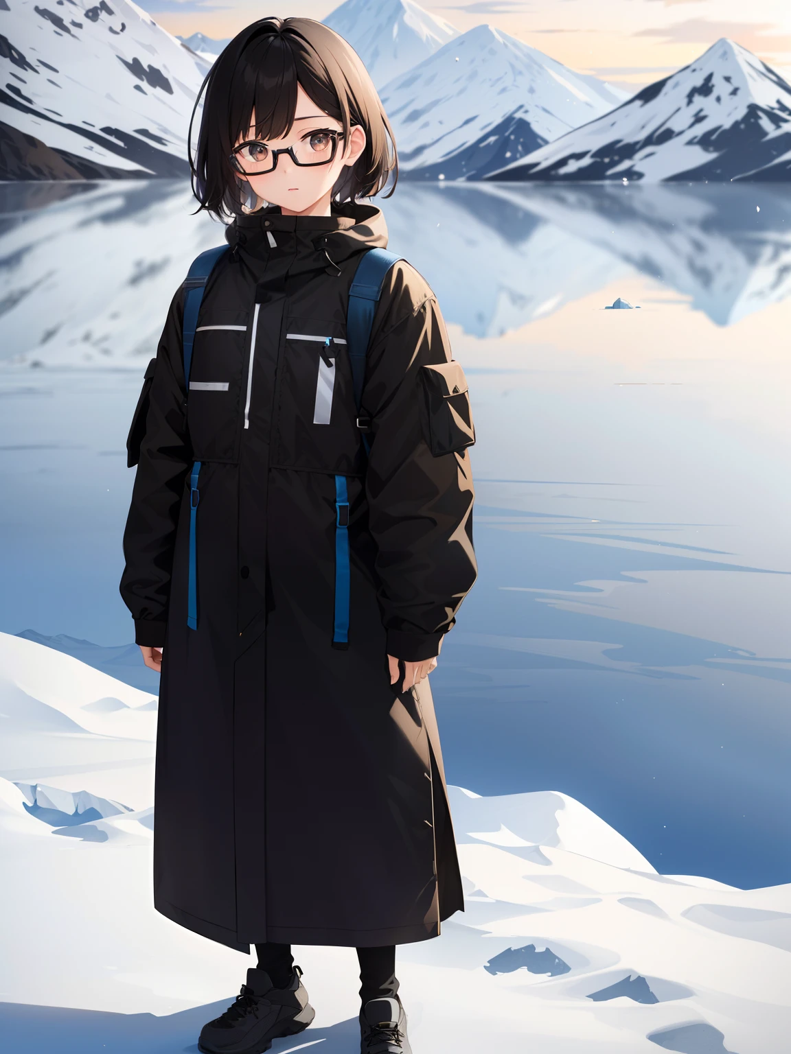 , ((full length)),shoes,arctic clothes,{{{{{Mountain Climbing Wear}}}},((standing)), (Masterpiece, best quality, captures a super cute moment, depth of field, ultra detailed, ultra high resolution, C4D, Octadale, 3D modeling, 8k, 16k, one girls、a junior high school student、A dark-haired、short-hair、straight haired、Light brown eyes,hair adornments、wearing black glasses、cute face)