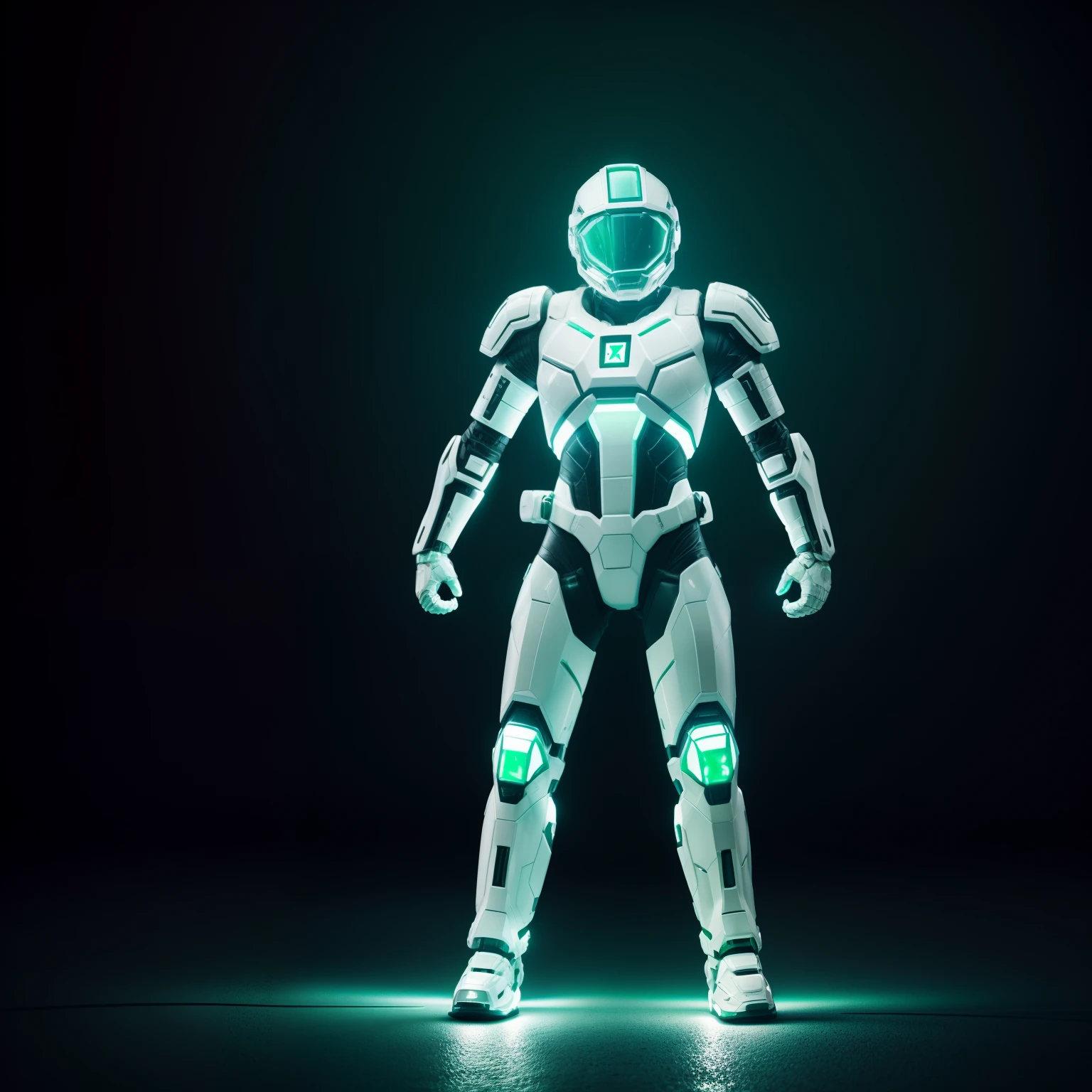 hyperrealistic, powerful, white and green armored skull, her cybernetic helmet glowing in the darkness of space, legs are muscular, feet are claws, ready to take on any challenge, style of Alena Aenami,ground angle,long shot