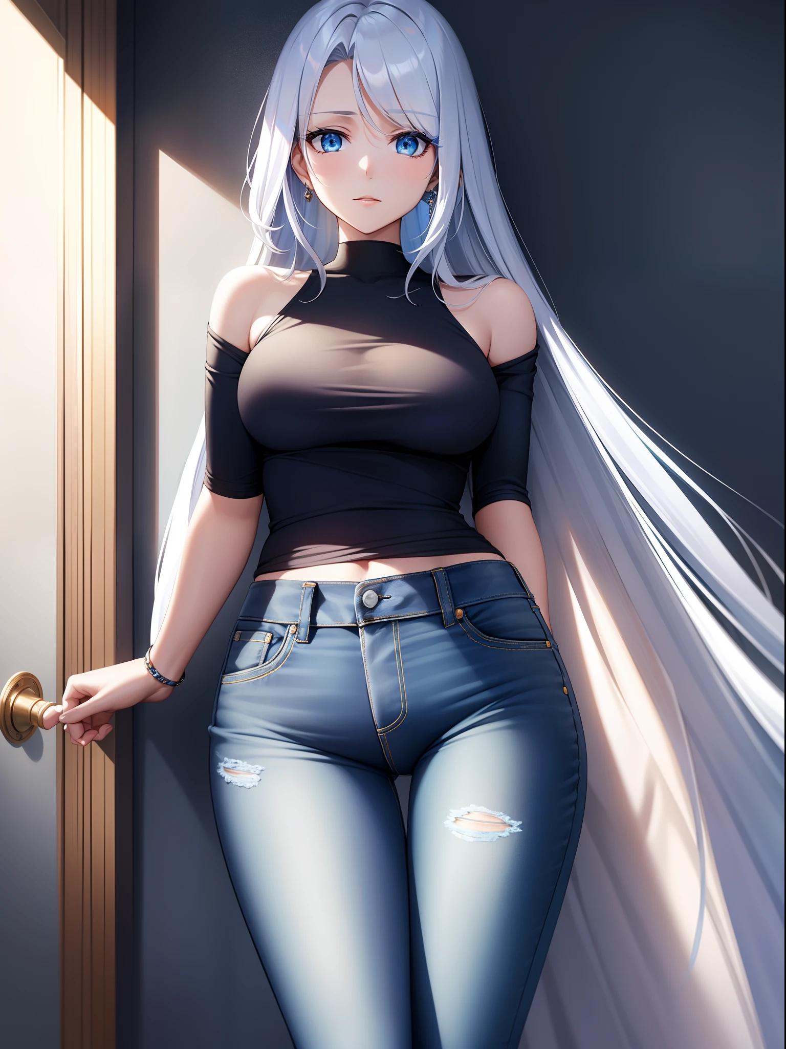(Extremamente bonito, elegante e meio forte) | (Cabelos curtos azul gelo:1.3+olhos prateados), (Casaco cinza escuro longo),(jeans cinza), (Estilo vitoriano traje),vento