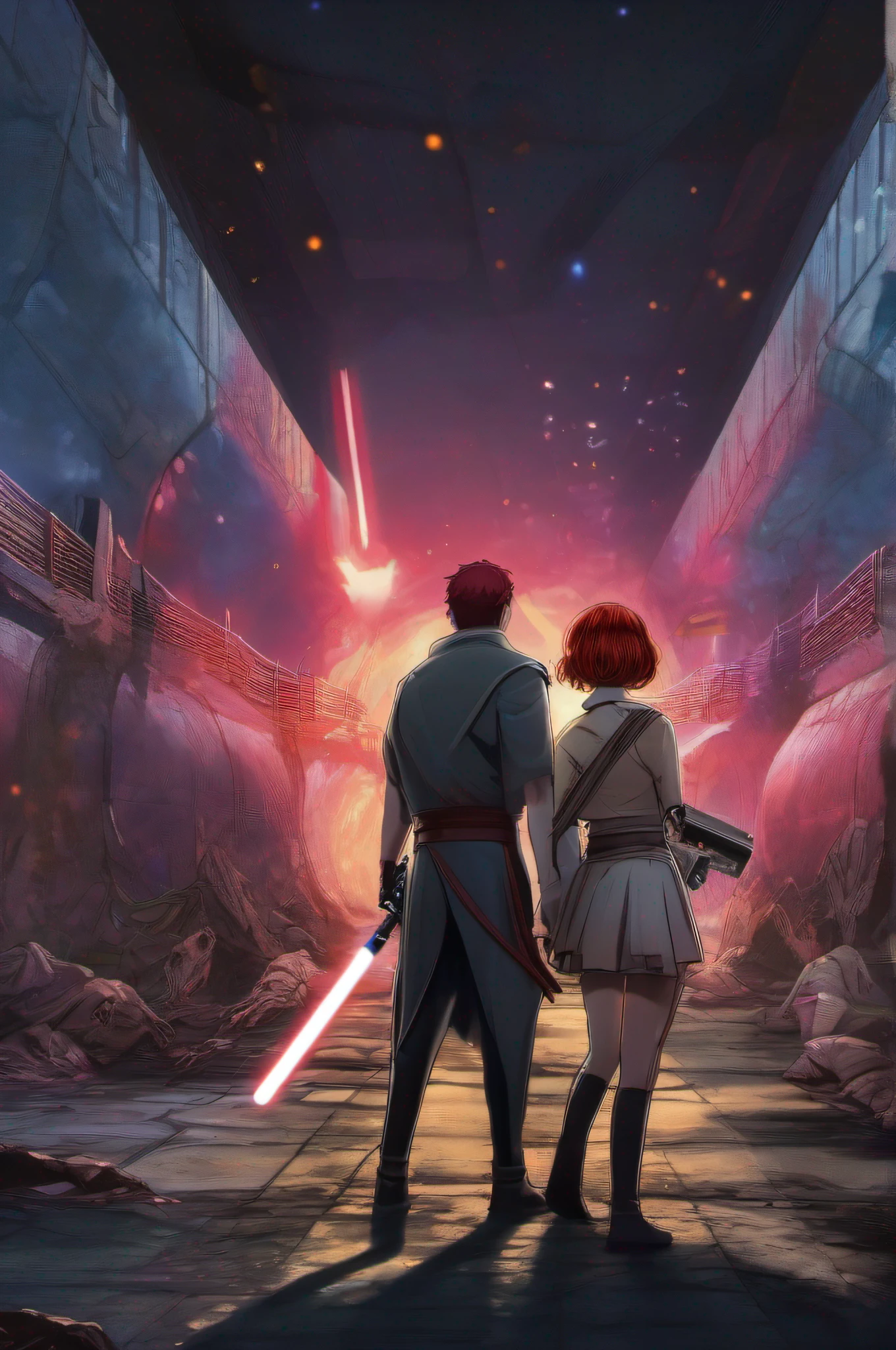 A man with red-haired woman with short hair in his lap, and a light saber in a man's hand, 1 man with black hair, backs to the camera, against the backdrop of a giant tunnel, standing, full body, 4k, film coloring, several zombies in front of them