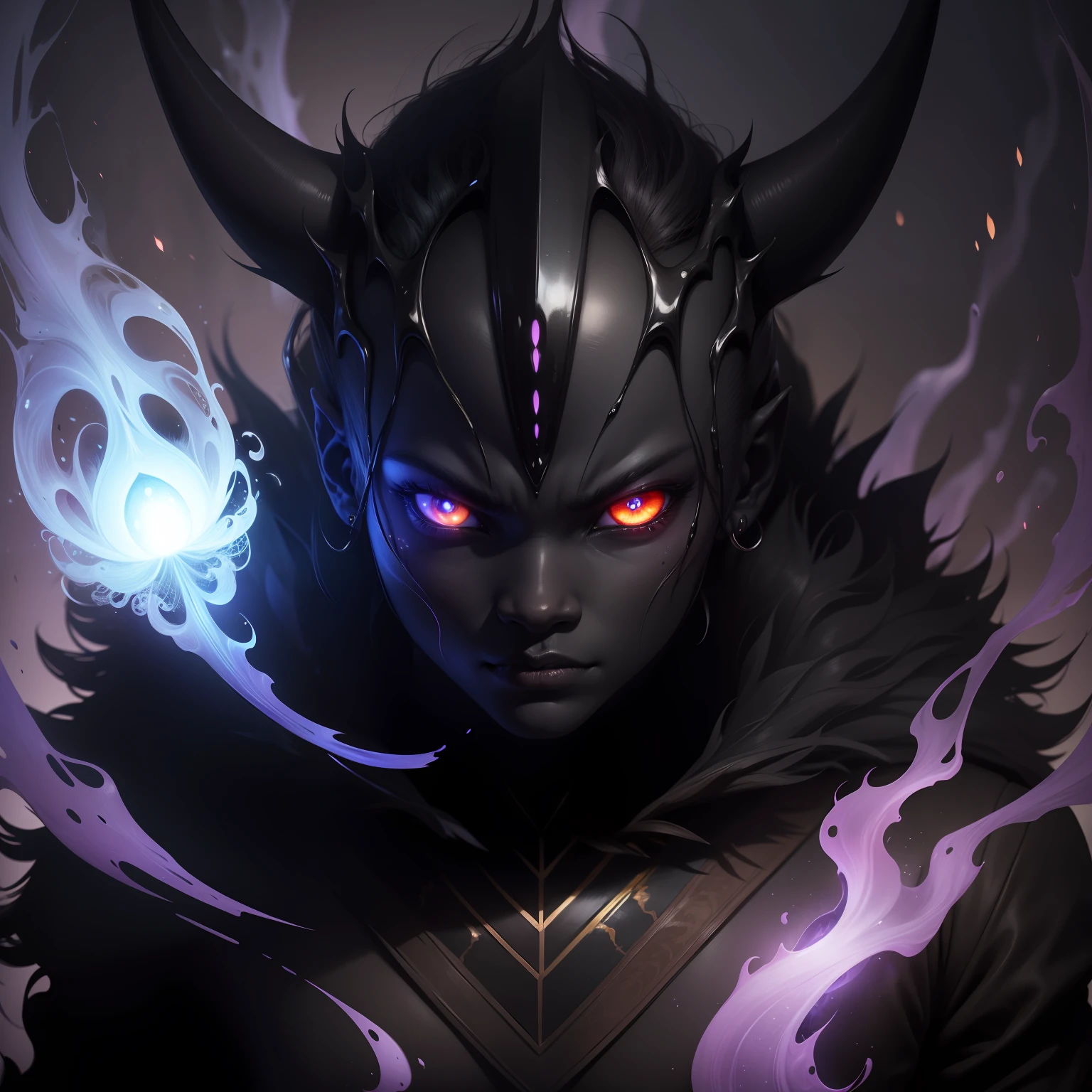 Unique creature with dark skin bright eyes emanating evil energy