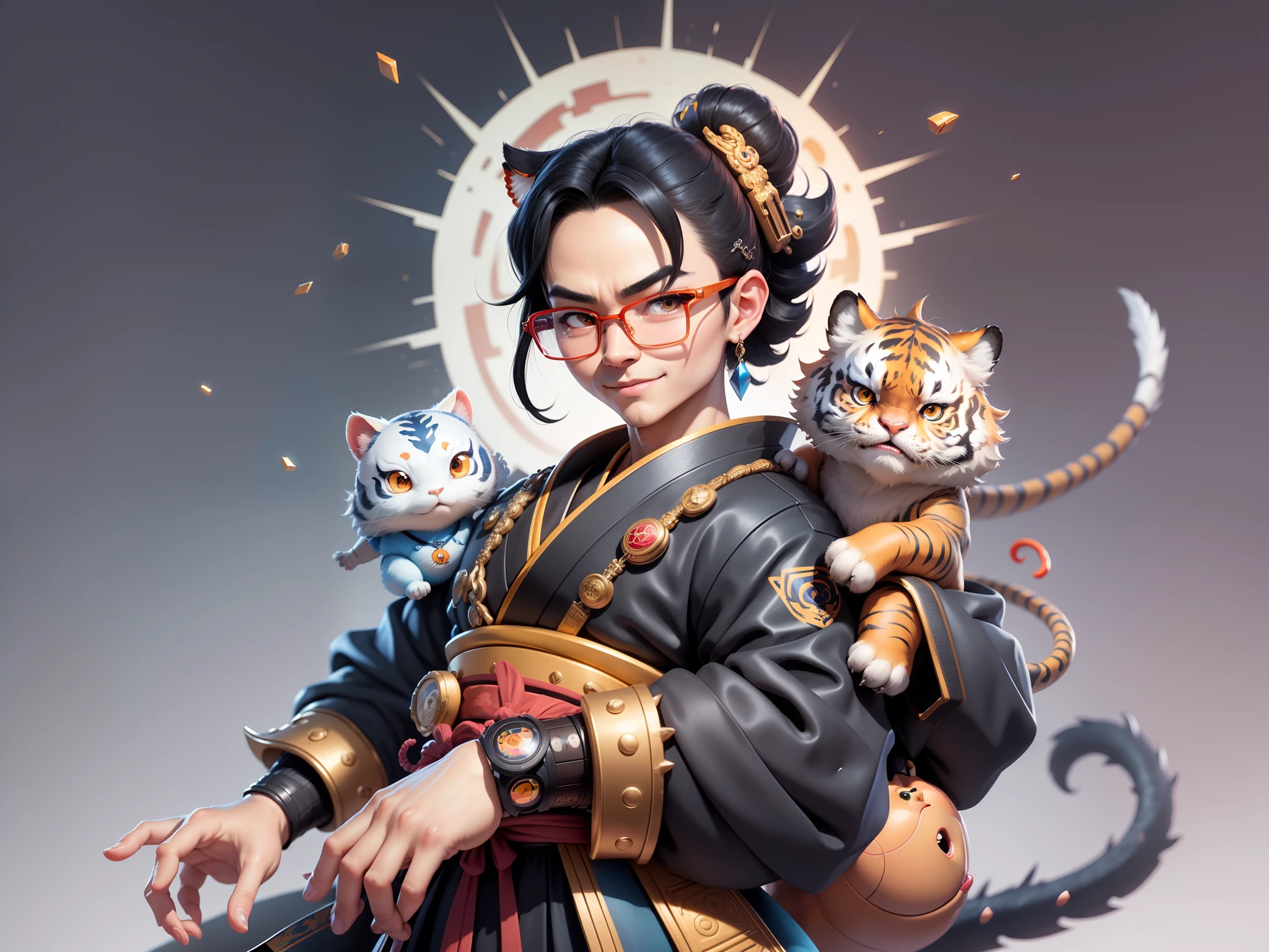 (Masterpiece), (Excellent), (Super Meticulous), (Full Body: 1.2), Super Young Man with Japanese Female Geisha, Pretty, Beautiful, Chinese Dragon, Tiger, Wind God Thor, Sexy, Bursting, Oriental Face, TV Anchor, Bust Portrait Illustration, Black Suit, Blue Tie, Slightly Chubby Face, Silver Glasses, Very Clean Face, No Beard on Chin, Black Super Short Hair, Black Eyes, Confident Smile, 3c Computer Sub-Products, iPad, iPhone, Digital Painting, 3D character design by Mark Clairedon and Pixar and Hayao Miyazaki and Akira Toriyama, the illustrations are HD illustrations in 4K resolution with highly detailed facial features and cartoon-style visuals.