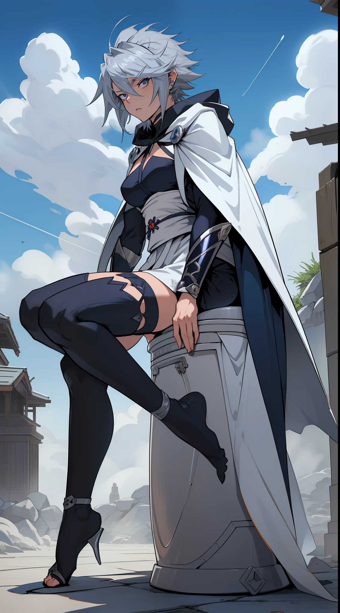 female (Sakuya Izayoi), (short spiky hair + serious toilet +, full body + time master + ninja + kunoichi + silver hair + dark blue eyes + white cape + white assassin hood + time travel + fly in the clouds + 1900s)