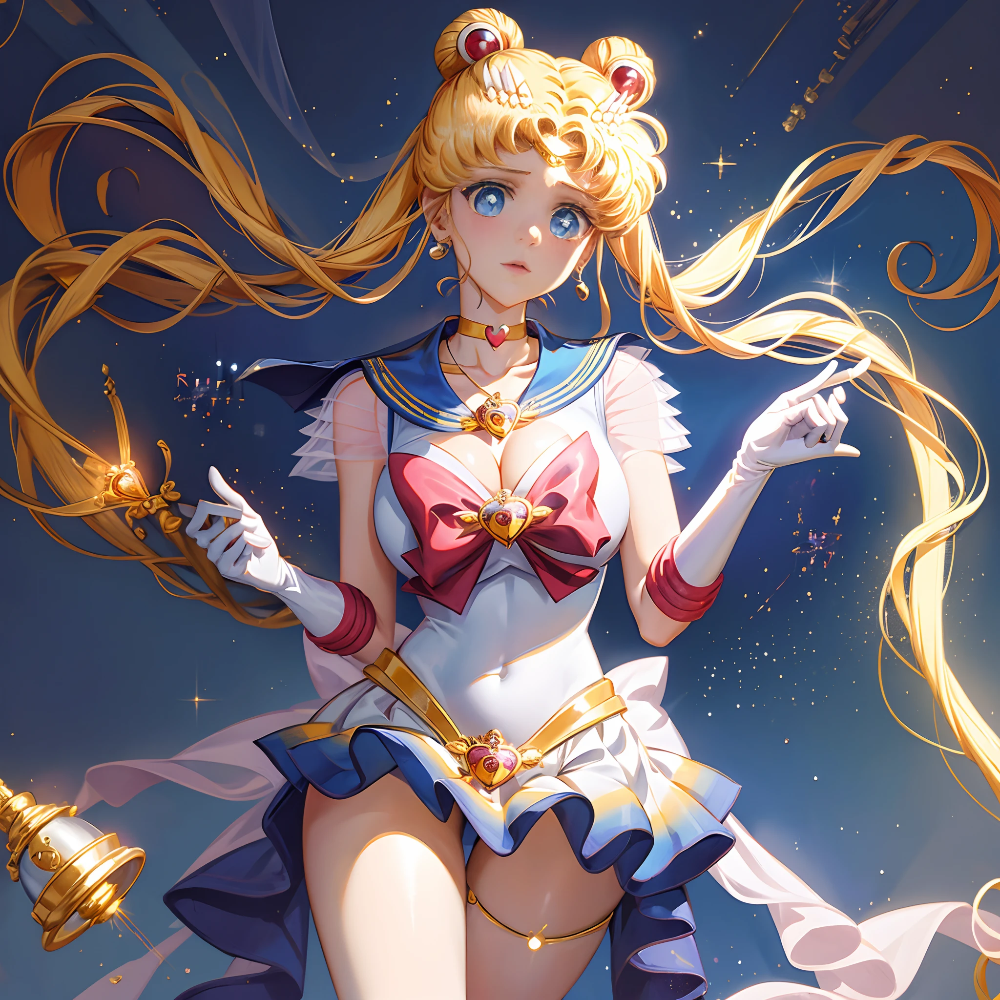 Masterpiece, best quality, (1 girl), super sailor moon, (((massive breasts, full cleavage))), cowboy lens, night sky, moonlight, night, white gloves, blue eyes, galaxy background, multicolored clothes, school uniform, blue skirt, hair ornament, red bow, brooch, heart brooch, earrings, crescent, heart necklace, heart, very long hair, crescent moon earrings, tiara, yellow necklace, boots, knee boots,  red shoes, long legs