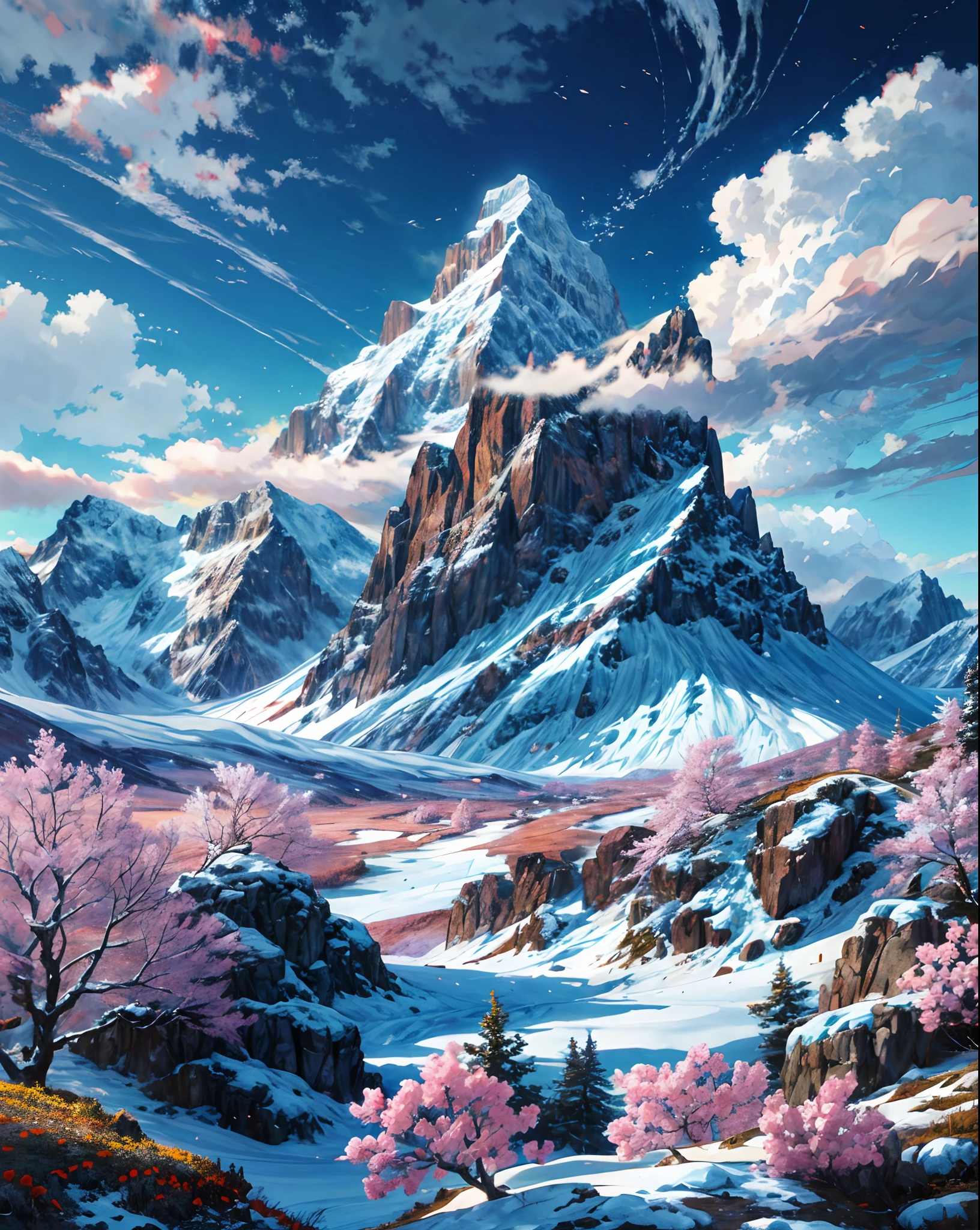 mountains and flowers in the foreground with a blue sky, majestic mountains, epic mountains, 4k highly detailed digital art, anime landscape, beautiful mountains, beautiful mountains behind, snowy mountains, anime nature, 8k high quality detailed art, detailed scenery, snowy mountain, epic beautiful landscape, anime landscape wallpaper, with a snowy mountain and ice, scenery art detailed