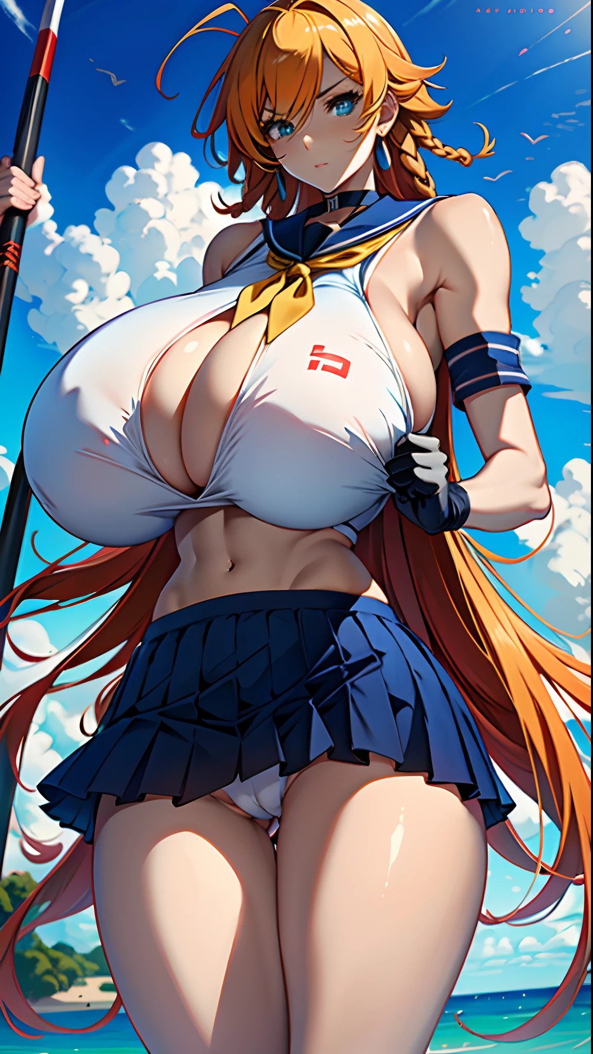 (masterpiece), Hakufu, ikkitousen, art by Yuji Shiozaki, hair_over_one_eye, fingerless_gloves, gloves, school_uniform, polearm, long_hair, holding_polearm, red_gloves, braid, holding_weapon, solo, navel, serafuku, spear, skirt, yellow_neckerchief, weapon, underboob, spiky hair, holding, midriff, pleated_skirt, very huge_breasts, crop_top, twin_braids, red_sailor_collar, orange_hair, neckerchief, angry humor, blue_eyes, antenna_hair, day, sailor_collar, shiny, shirt, tan, wind_lift, standing, wind, crop_top_overhang, groin, ahoge, sky, looking_at_viewer, short_sleeves, magatama_earrings, shiny_hair, no_bra, low-tied_long_hair, (gigantic boobs:1.4), tits, , hyper largest_breasts!! with the type of boobs_melons, (topless:1.3), (cameltoe view:1.3), (tanned skin:1.3)