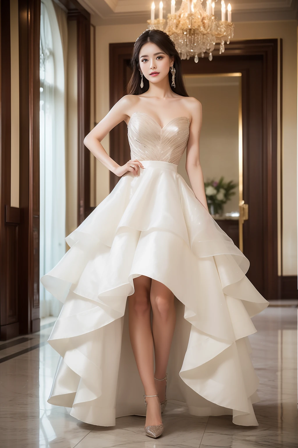 Create an ultra-photorealistic image of a stunning Ukrainian woman in a daring, modern, and elegant wedding gown. The gown features a short skirt in the front, highlighting her perfect legs and is made of glittery ruffle fabric. Capture a full-body shot of her in the hotel lobby, with a mirror in the background, reflecting her beauty. Utilize a DSLR camera to craft a masterpiece that exudes award-winning quality, emphasizing the woman's allure and the gown's intricate details
