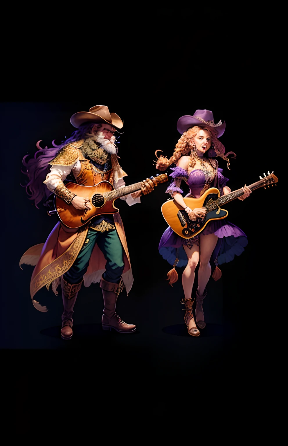 a couple of persian cat Anthropomorphic, , ,, , with his dress with intricate ornamentation orange and purple ,with a cowboy hat ,, , highest quality,, very angry face, greaves, playing an electric guitar, high quality, body fitness, full body, long hair with braids, octopath traveler, romance book cover, boris valejo. octopath traveler, octopath traveller style, hands holding big glowing orbs, artbook artwork, full art illustration, official art, official artwork hdr, promotional art, character album cover, light novel cover art, official artwork, romance novel cover