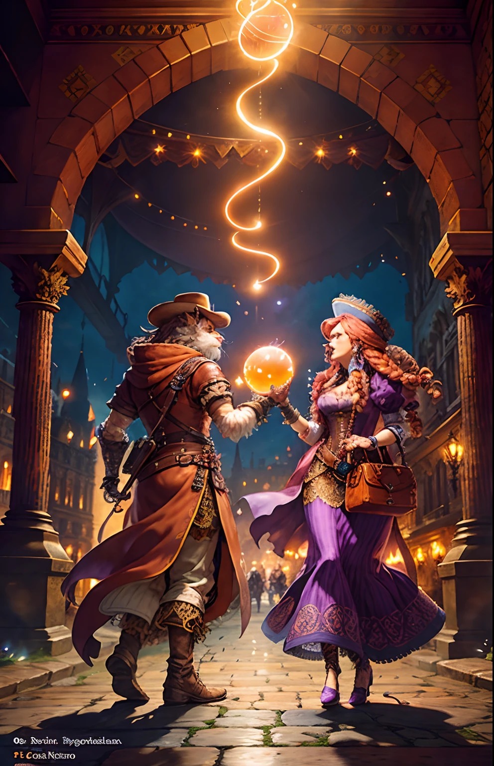 a couple of persian cat Anthropomorphic, , ,, , with his dress with intricate ornamentation orange and purple ,with a cowboy hat ,, , highest quality,, very angry face, greaves, playing an electric guitar, high quality, body fitness, full body, long hair with braids, octopath traveler, romance book cover, boris valejo. octopath traveler, octopath traveller style, hands holding big glowing orbs, artbook artwork, full art illustration, official art, official artwork hdr, promotional art, character album cover, light novel cover art, official artwork, romance novel cover