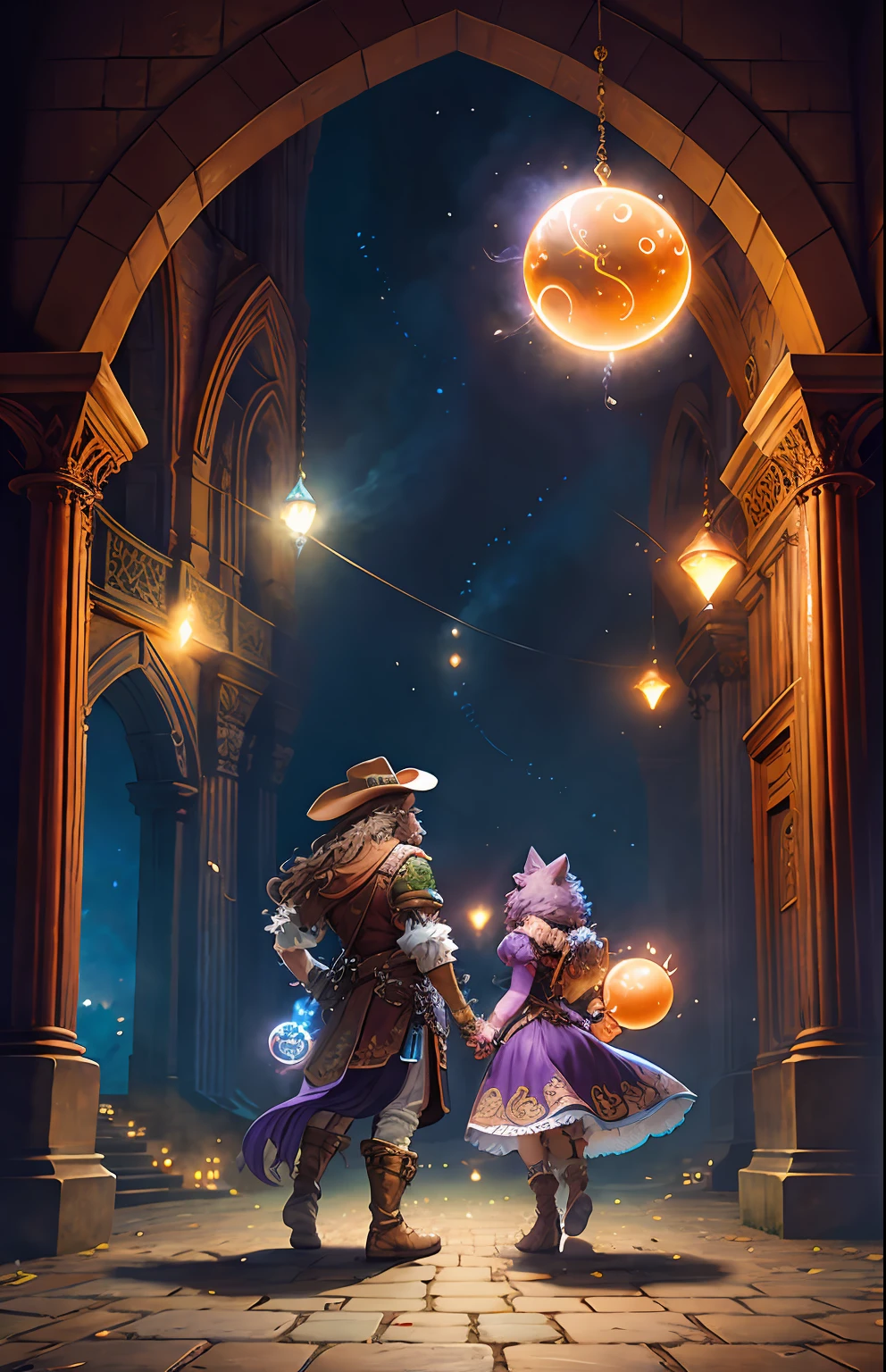 a couple of persian cat Anthropomorphic, , ,, , with his dress with intricate ornamentation orange and purple ,with a cowboy hat ,, , highest quality,, very angry face, greaves, playing an electric guitar, high quality, body fitness, full body, long hair with braids, octopath traveler, romance book cover, boris valejo. octopath traveler, octopath traveller style, hands holding big glowing orbs, artbook artwork, full art illustration, official art, official artwork hdr, promotional art, character album cover, light novel cover art, official artwork, romance novel cover