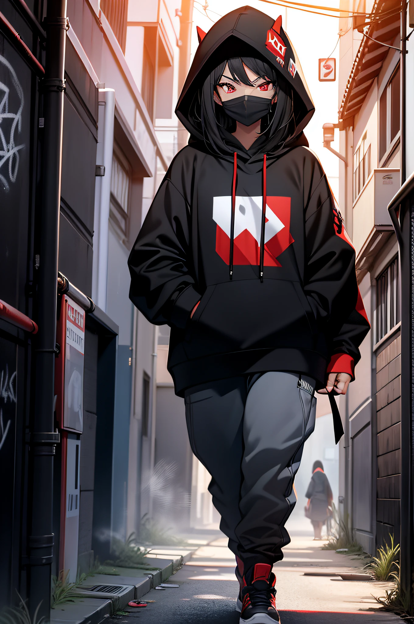 A female figure with black hair and red eyes in a black hoodie with the hood up, wearing a black facemask, holding a spray paint can, stands confidently in an alleyway