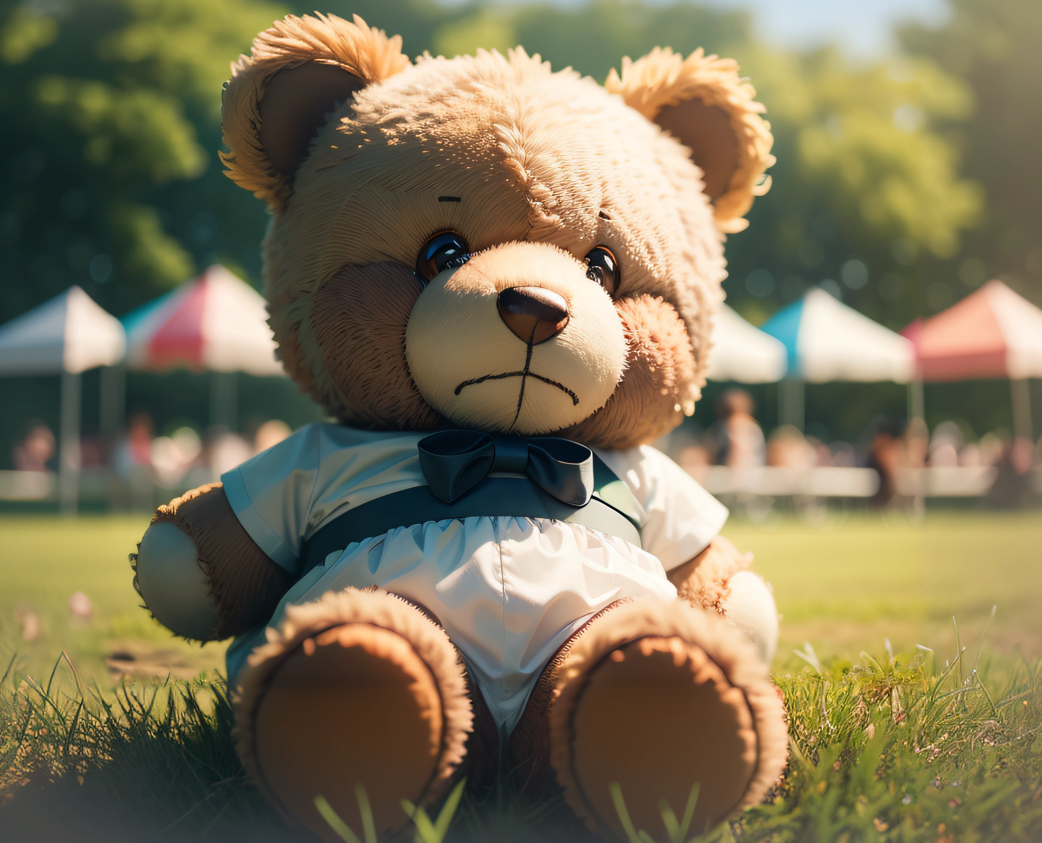 there is a teddy bear that is sitting in the grass, Teddy Bear, portrait of anthropomorphic bear, the teddy bear is holding a gun, closeup portrait shot, plushie photography, holding a teddy bear, Adam Marczyński, toy photography, cute 3d render, semi - realistic render, super detailed render