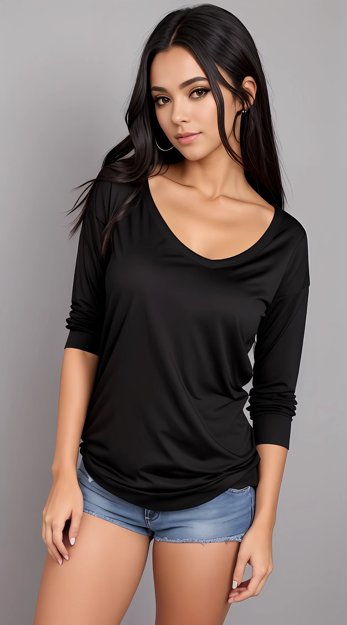 uma mulher linda de camisa preta e bermuda curta jeans posando para uma foto, camisa preta, camiseta preta, tampo preto, roupas pretas oversized, roupas pretas casuais, black tunic, black sweater, T-shirt preta, camiseta preta, vestindo uma camisa preta, vestindo camiseta preta, wearing v - neck top, manga comprida, vestindo uma camiseta preta