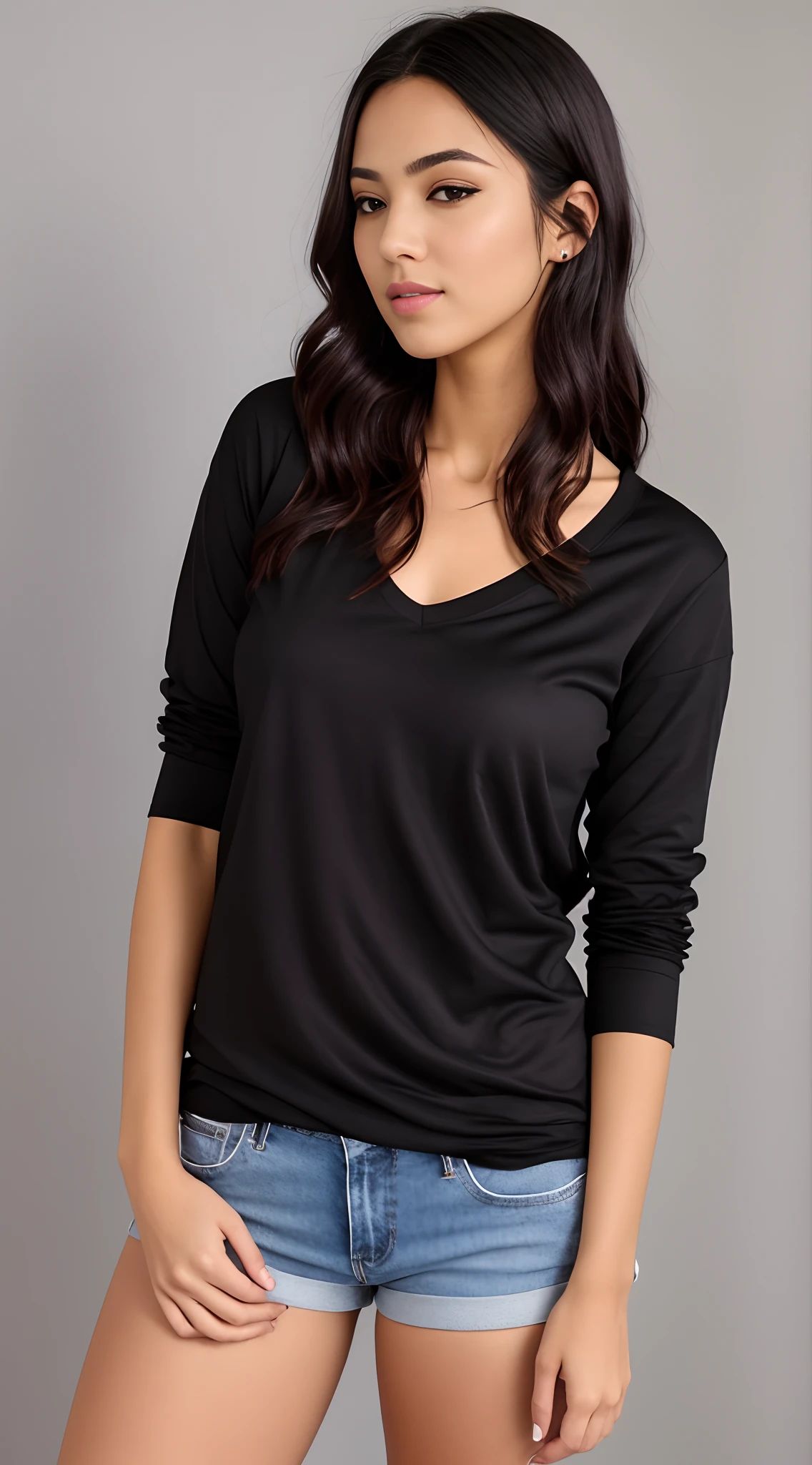 uma mulher linda de camisa preta e bermuda curta jeans posando para uma foto, camisa preta, camiseta preta, tampo preto, roupas pretas oversized, roupas pretas casuais, black tunic, black sweater, T-shirt preta, camiseta preta, vestindo uma camisa preta, vestindo camiseta preta, wearing v - neck top, manga comprida, vestindo uma camiseta preta
